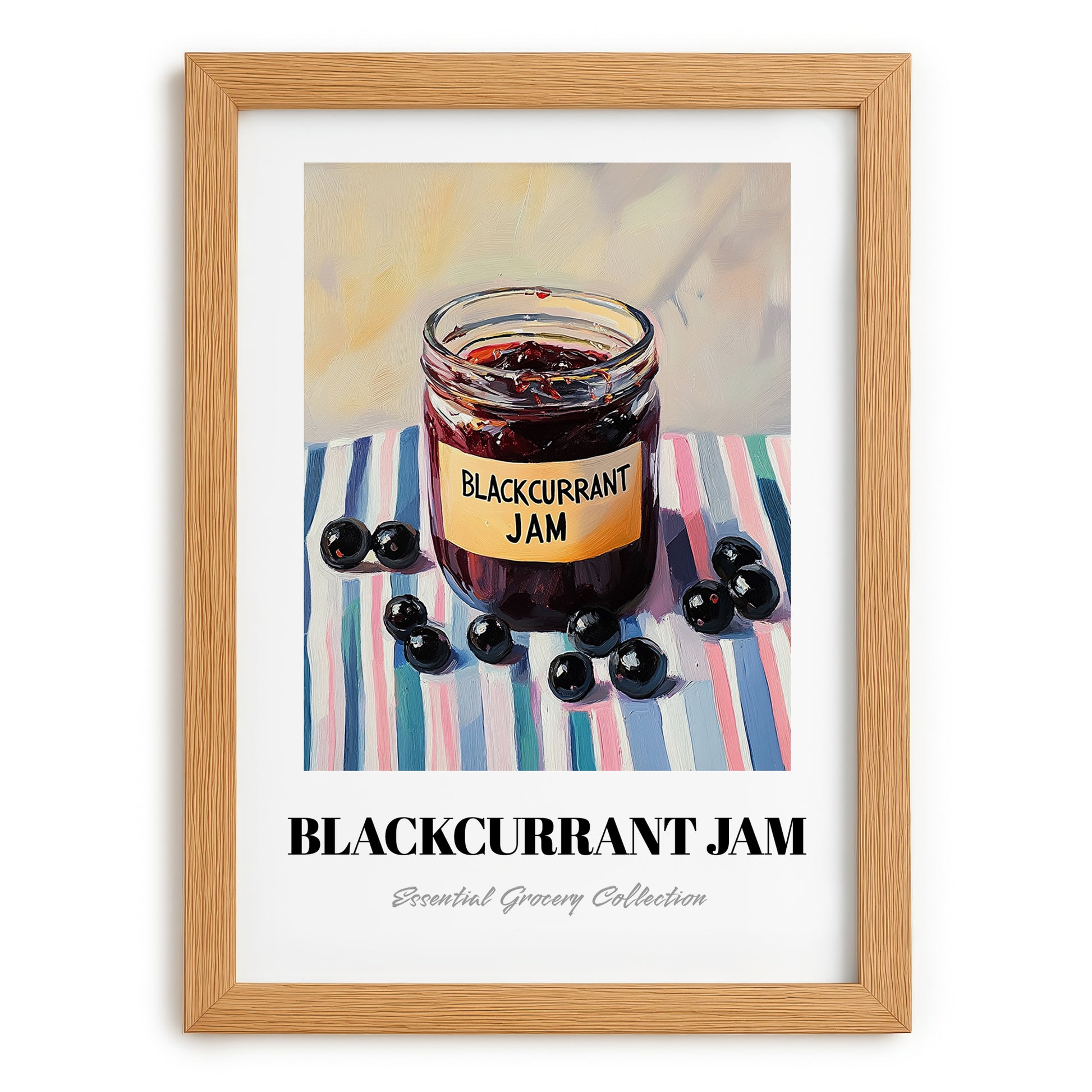 Blackcurrant Jam – on Striped Tablecloth, Jam Wall Decor, set in oak frame