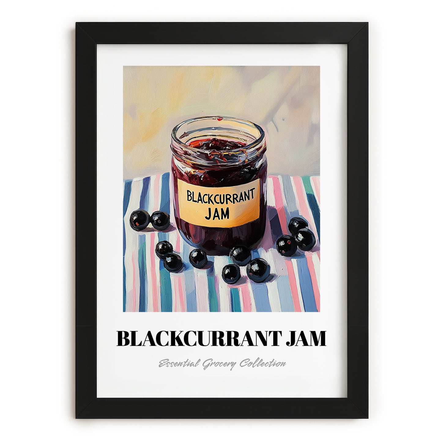 Blackcurrant Jam – on Striped Tablecloth, Jam Wall Decor, in sleek black frame