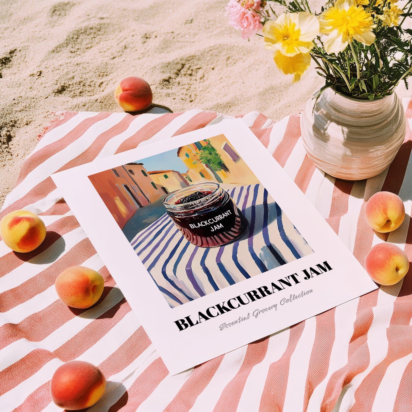 Blackcurrant Jam – Italian Urban Café Scene, Jam Wall Illustration, unframed on coastal sand