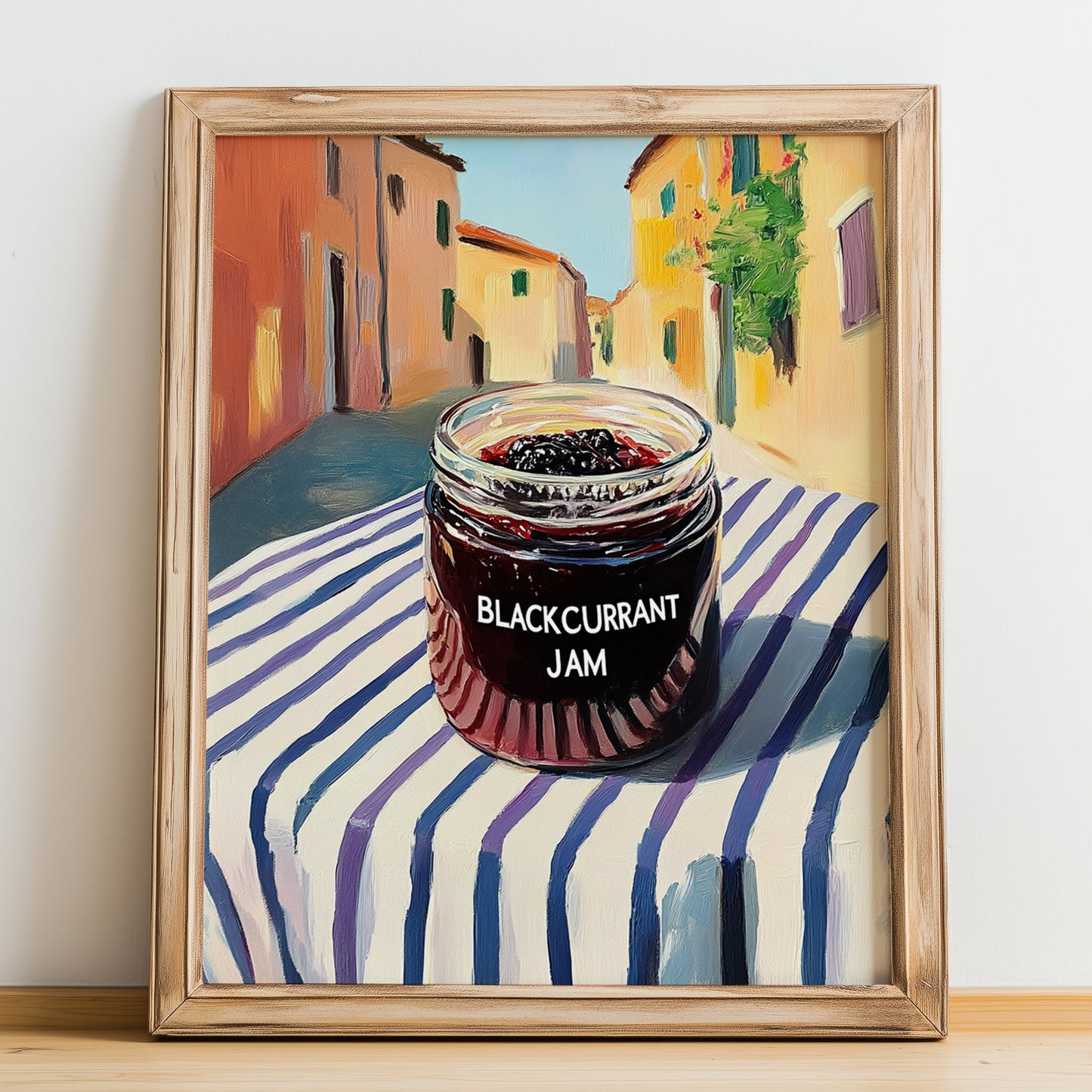 Blackcurrant Jam – Italian Urban Café Scene, Jam Wall Illustration, no-text version framed in wood