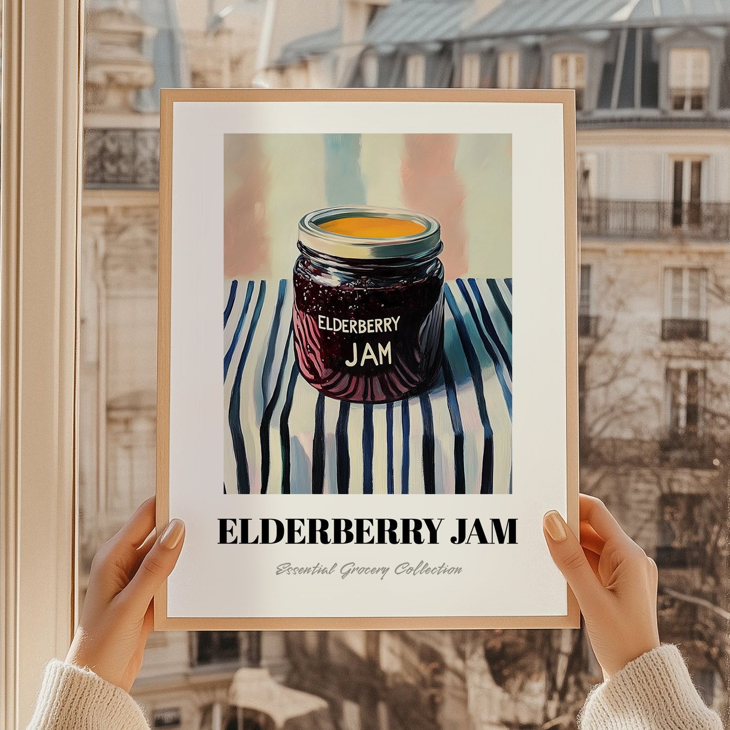 Elderberry Jam – on Striped Tablecloth, Jam Poster, styled in a charming Paris street view