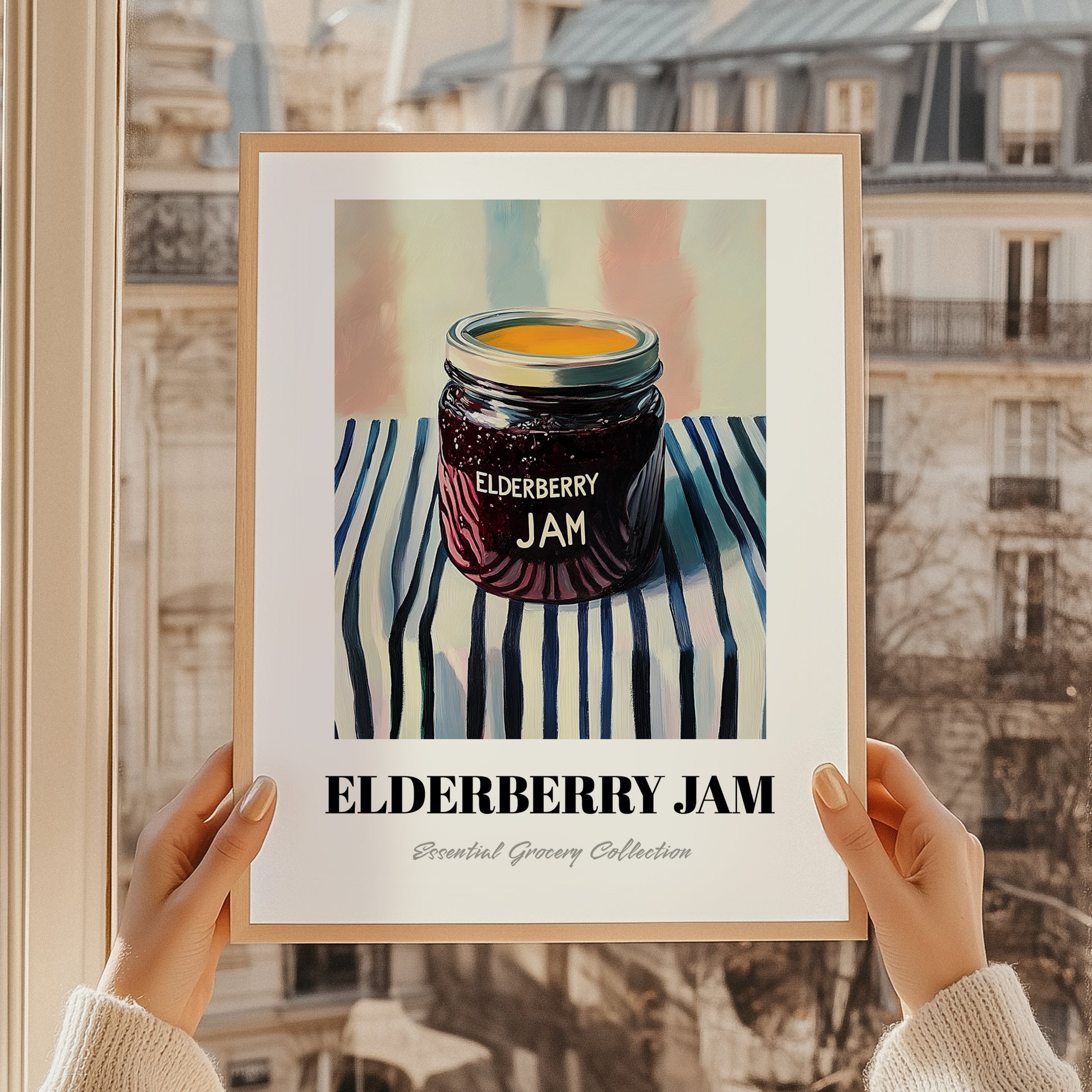 Elderberry Jam – on Striped Tablecloth, Jam Poster, styled in a charming Paris street view