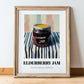 Elderberry Jam – on Striped Tablecloth, Jam Poster, in wooden frame leaning on the floor