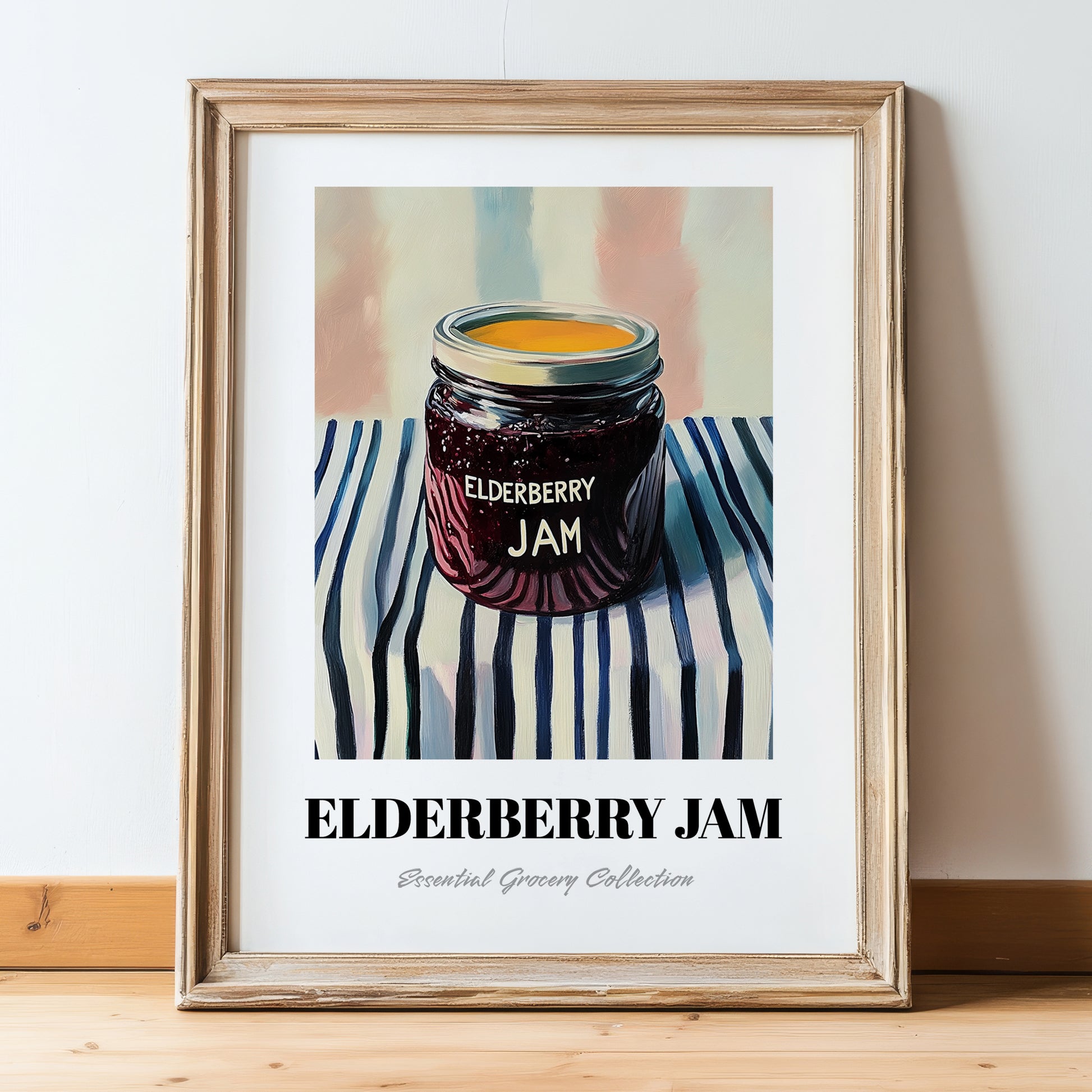Elderberry Jam – on Striped Tablecloth, Jam Poster, in wooden frame leaning on the floor