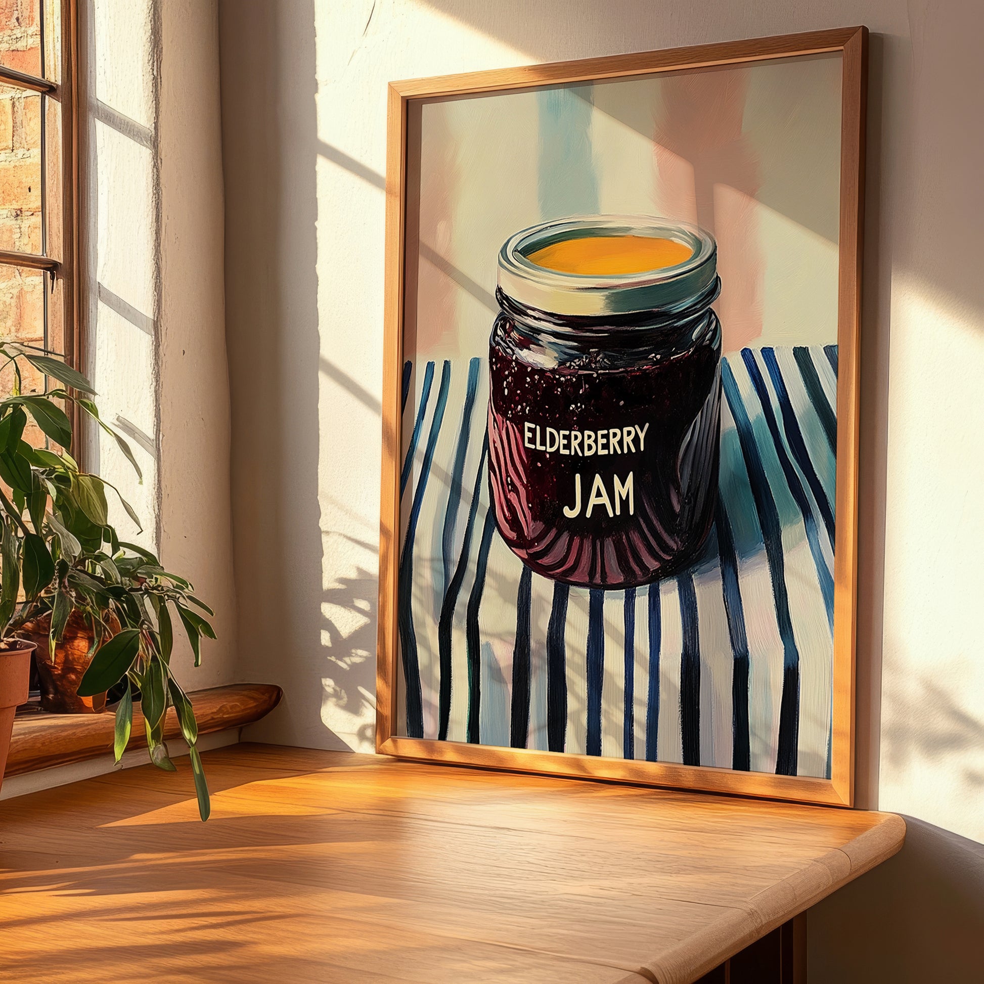 Elderberry Jam – on Striped Tablecloth, Jam Poster, clean layout with no caption