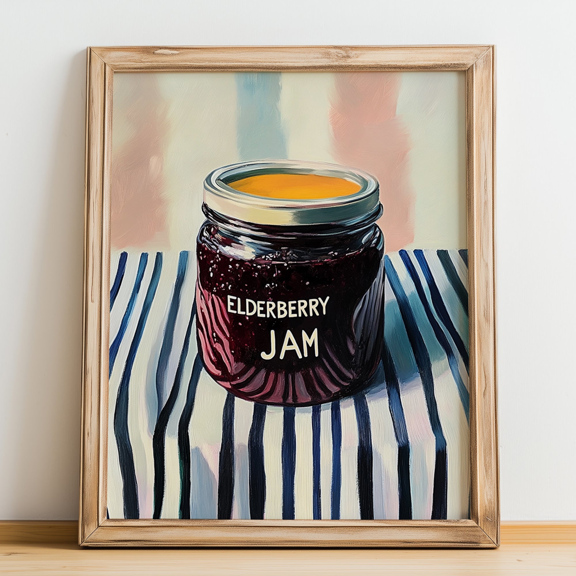 Elderberry Jam – on Striped Tablecloth, Jam Poster, no-text version framed in wood