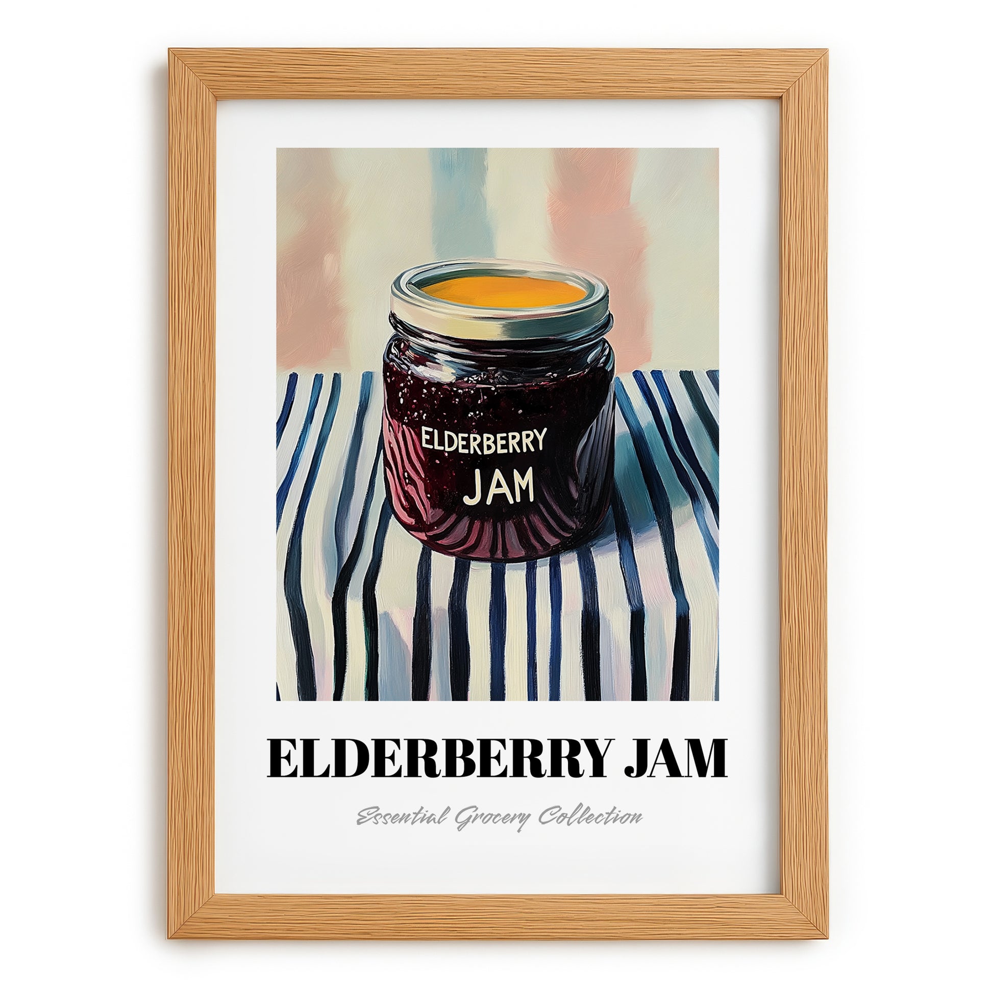 Elderberry Jam – on Striped Tablecloth, Jam Poster, set in oak frame
