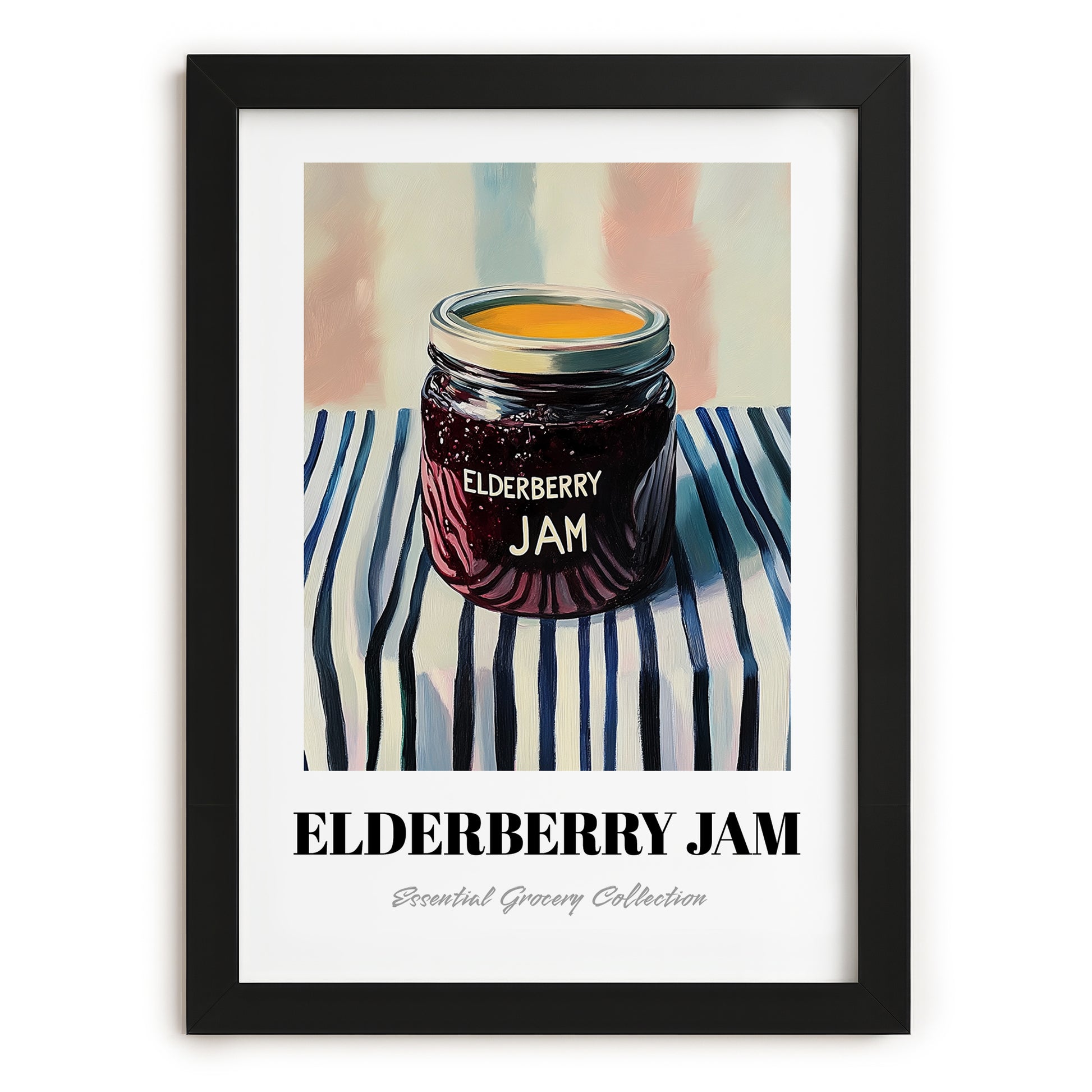 Elderberry Jam – on Striped Tablecloth, Jam Poster, in sleek black frame