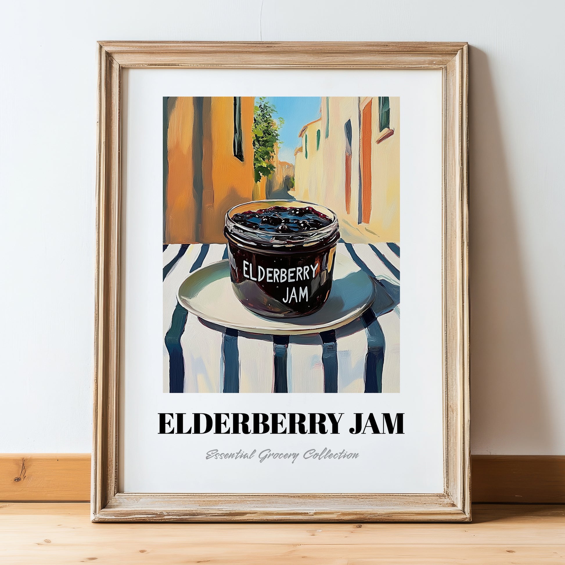 Elderberry Jam – Italian Outdoor Café Scene, Jam Painting, in wooden frame leaning on the floor
