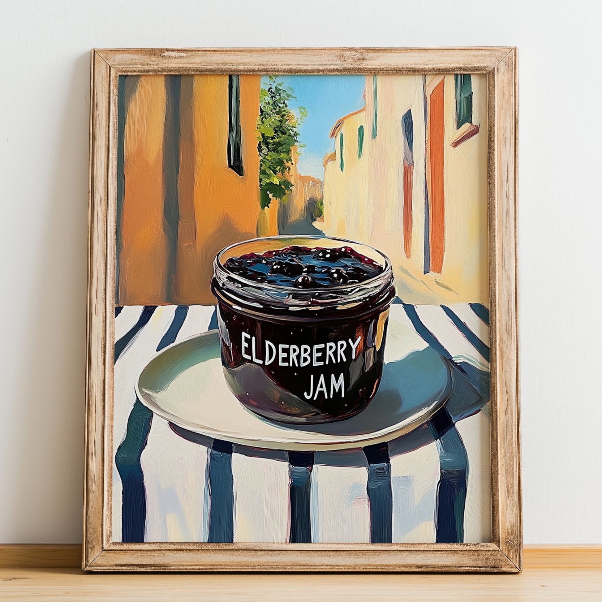 Elderberry Jam – Italian Outdoor Café Scene, Jam Painting, no-text version framed in wood