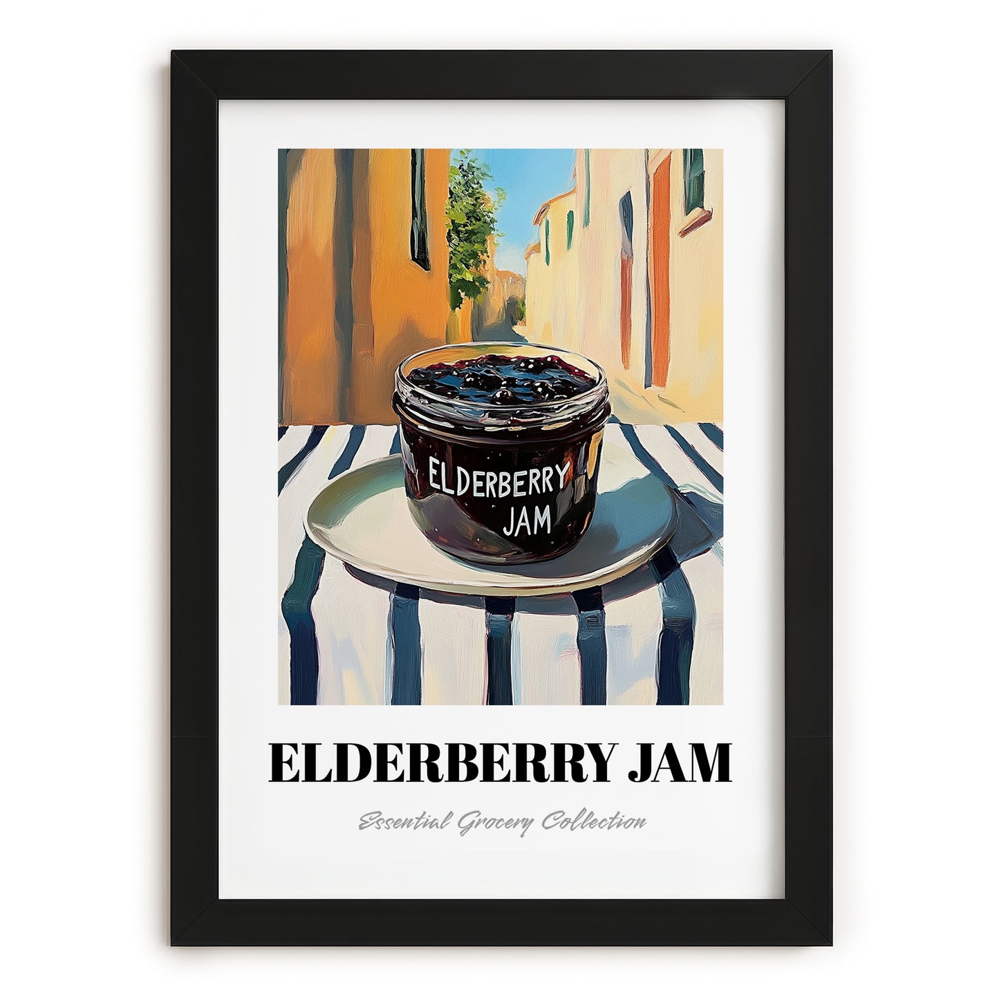 Elderberry Jam – Italian Outdoor Café Scene, Jam Painting, in sleek black frame