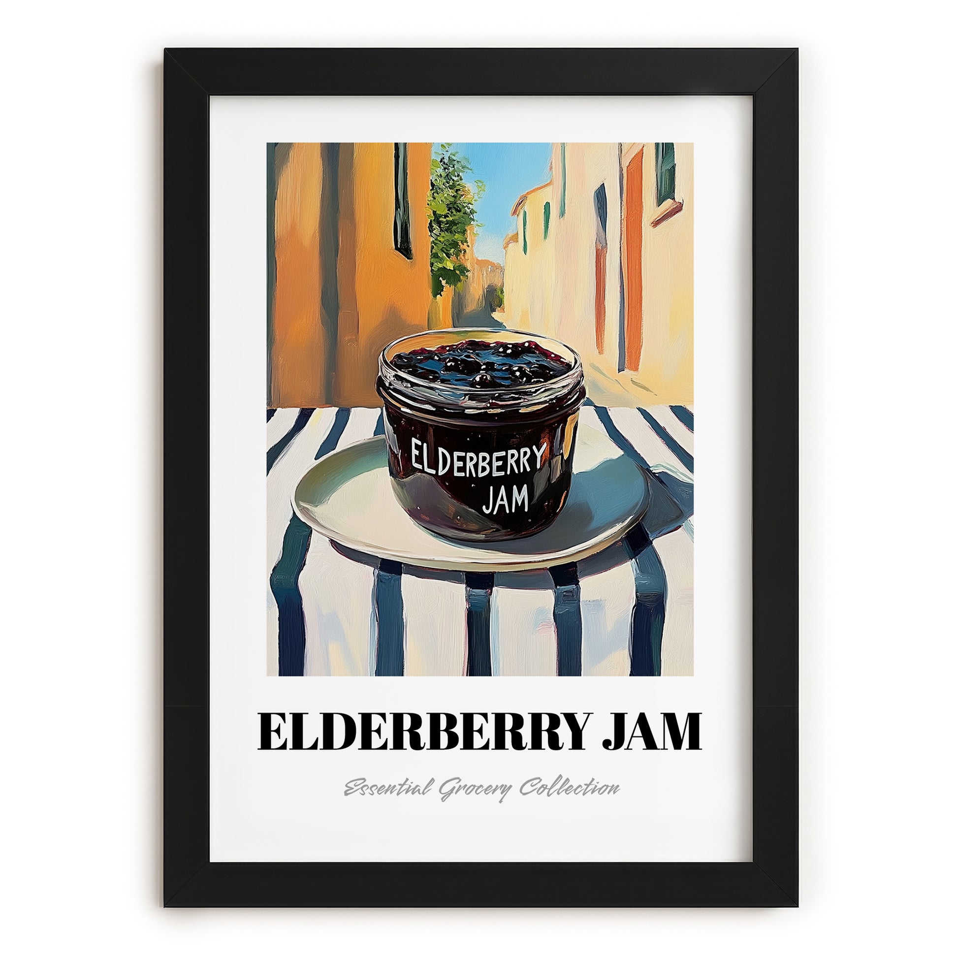 Elderberry Jam – Italian Outdoor Café Scene, Jam Painting, in sleek black frame