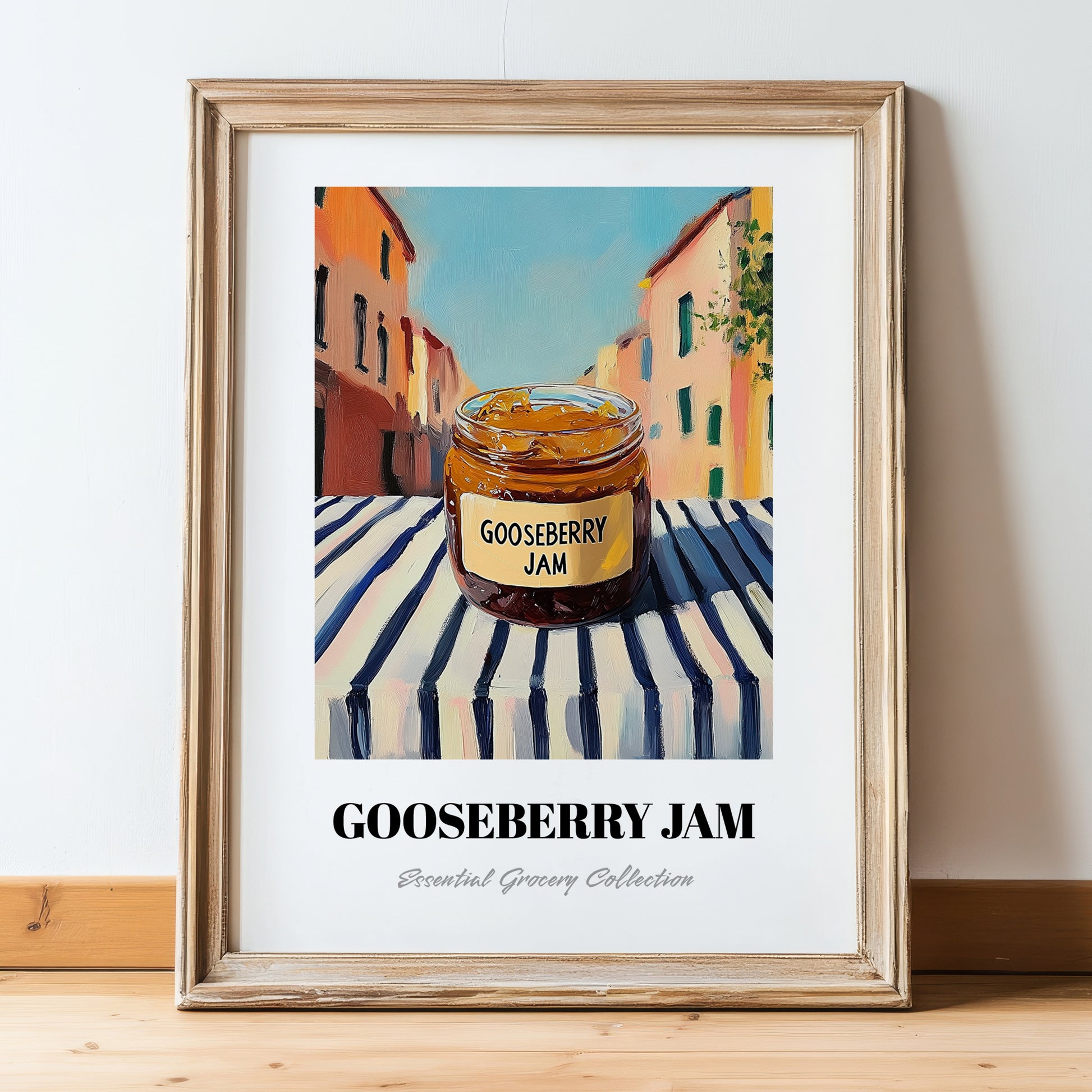 Gooseberry Jam – Italian Café on the Corner, Jam Wall Decor, in wooden frame leaning on the floor