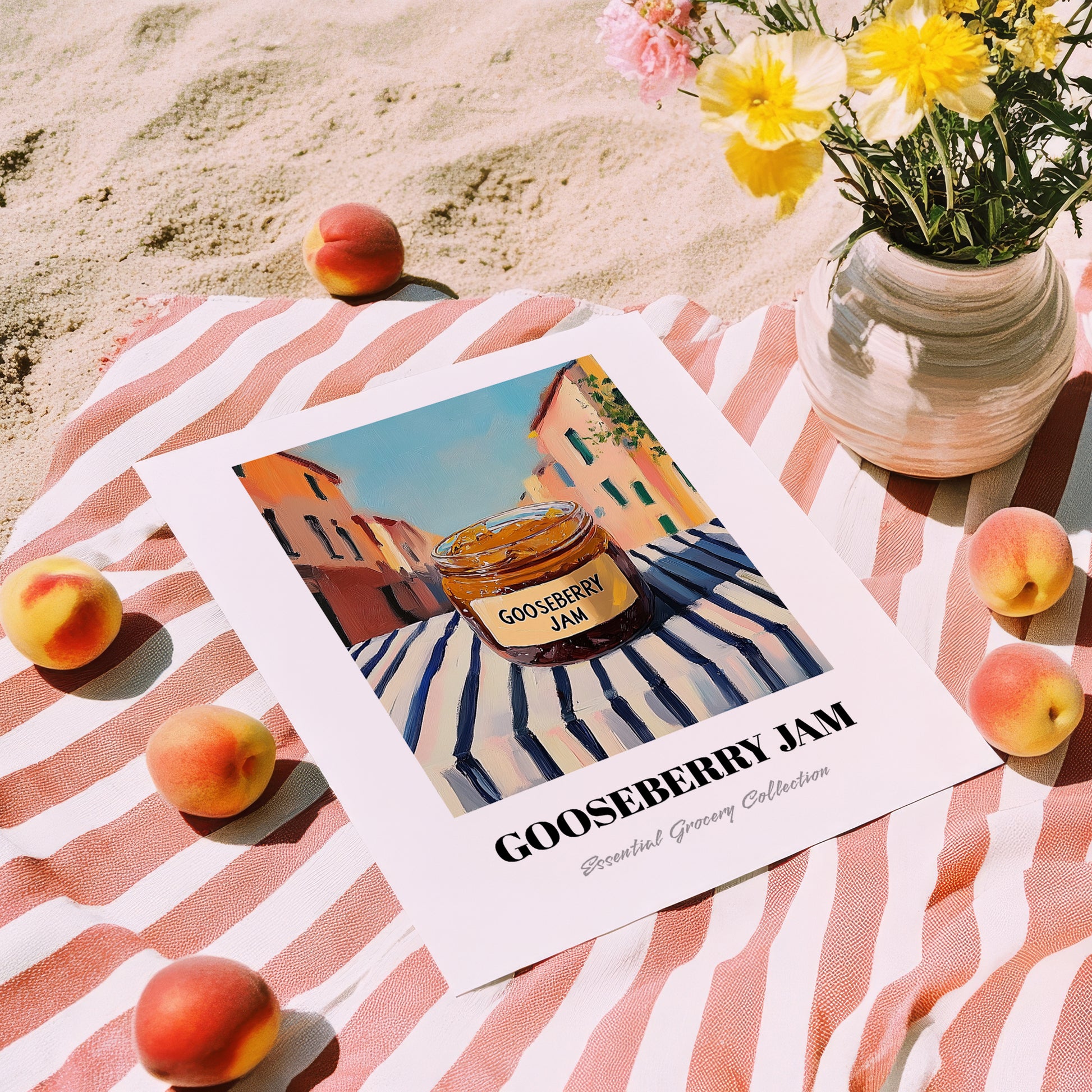 Gooseberry Jam – Italian Café on the Corner, Jam Wall Decor, unframed on coastal sand