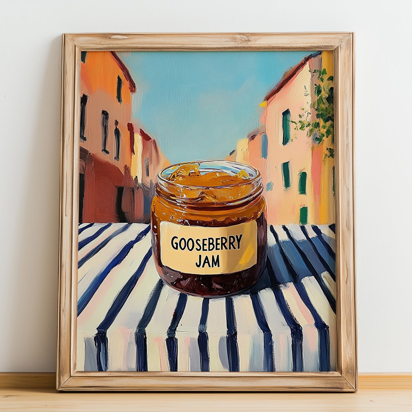Gooseberry Jam – Italian Café on the Corner, Jam Wall Decor, no-text version framed in wood