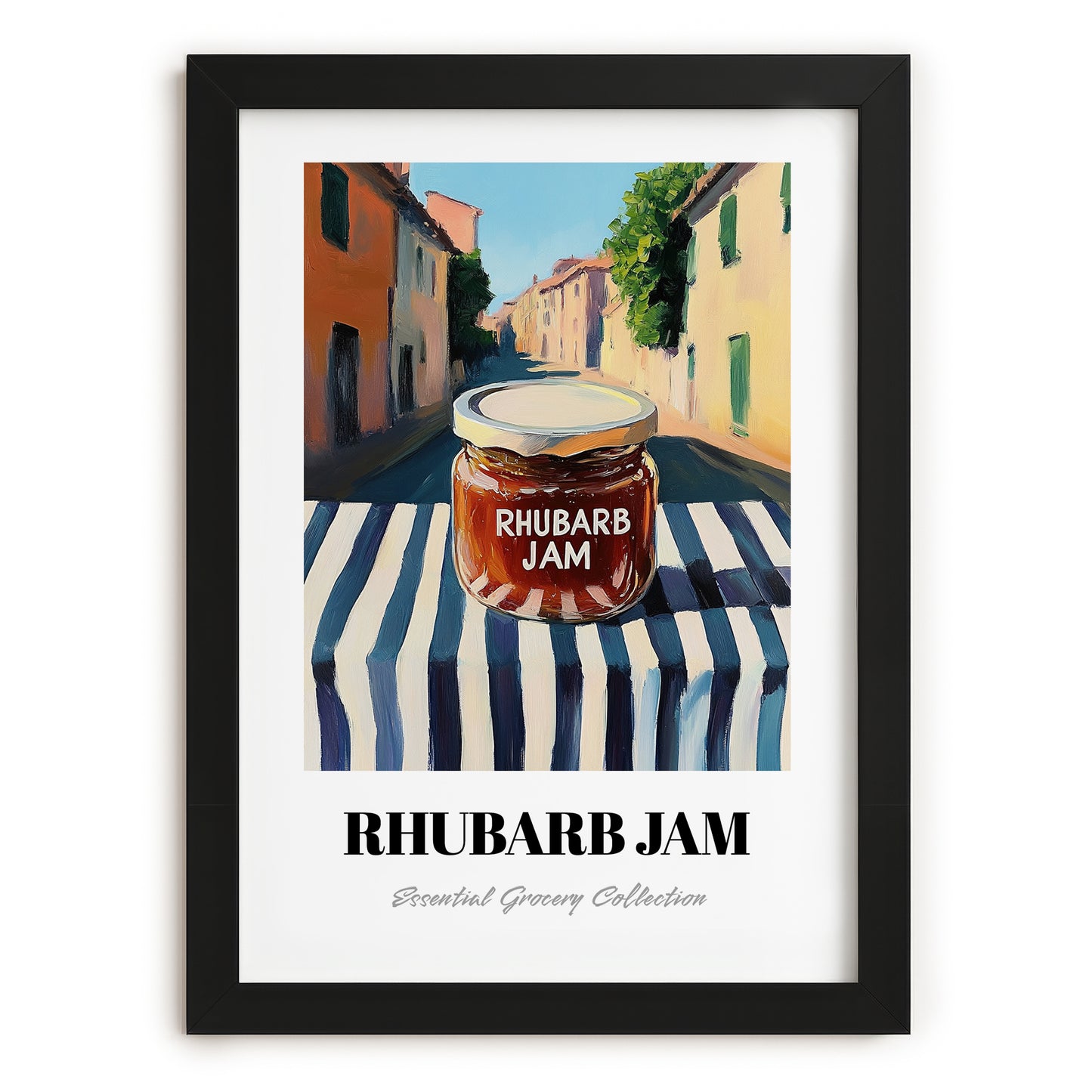 Rhubarb Jam – Italian Street Café Scene, Jam Wall Decor, in sleek black frame