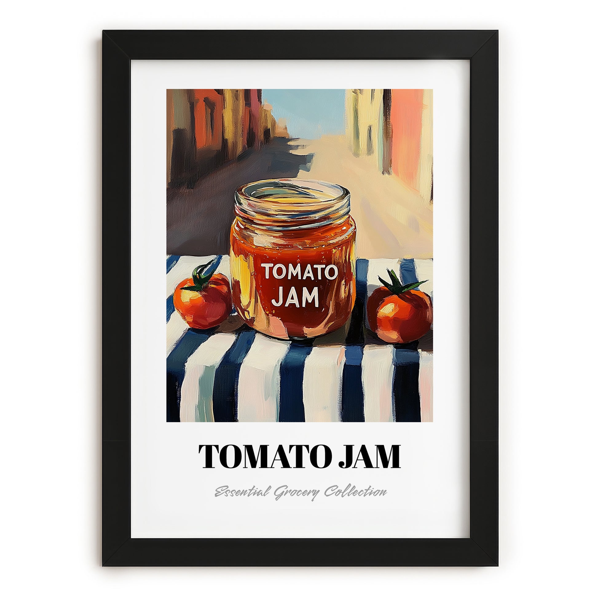Tomato Jam – Italian Outdoor Café Scene, Jam Wall Decor, in sleek black frame