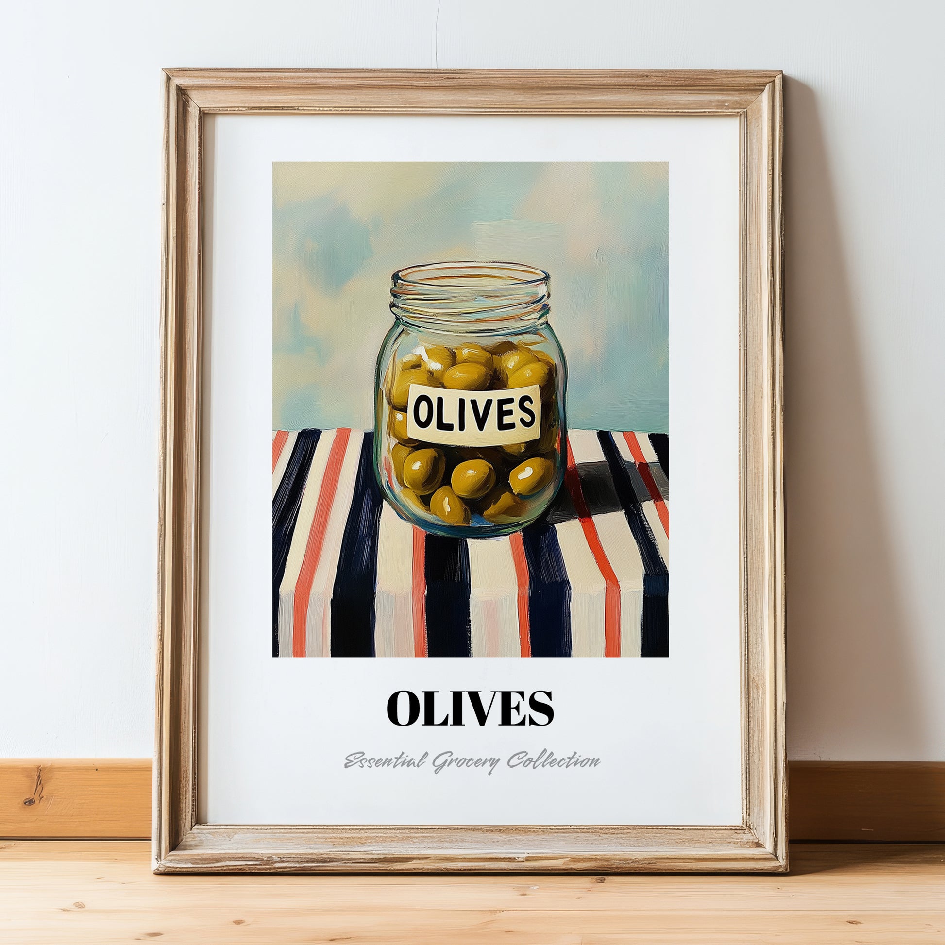 Olives – on Striped Tablecloth, Canned Vegetables Still Life, in wooden frame leaning on the floor