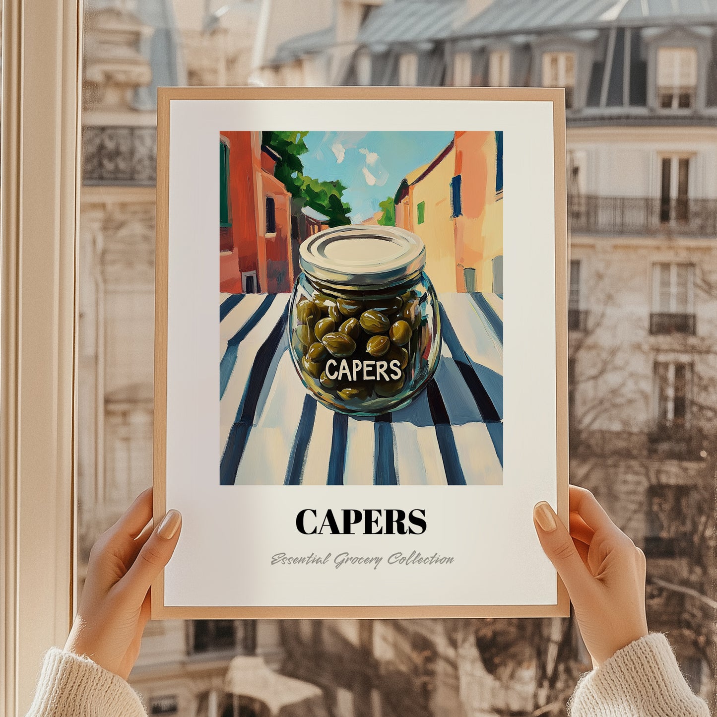 Capers – Italian Urban Café Scene, Canned Vegetables Painting, styled in a charming Paris street view