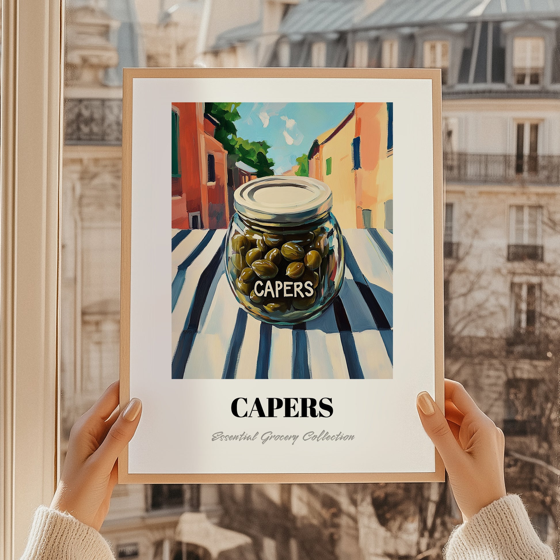 Capers – Italian Urban Café Scene, Canned Vegetables Painting, styled in a charming Paris street view