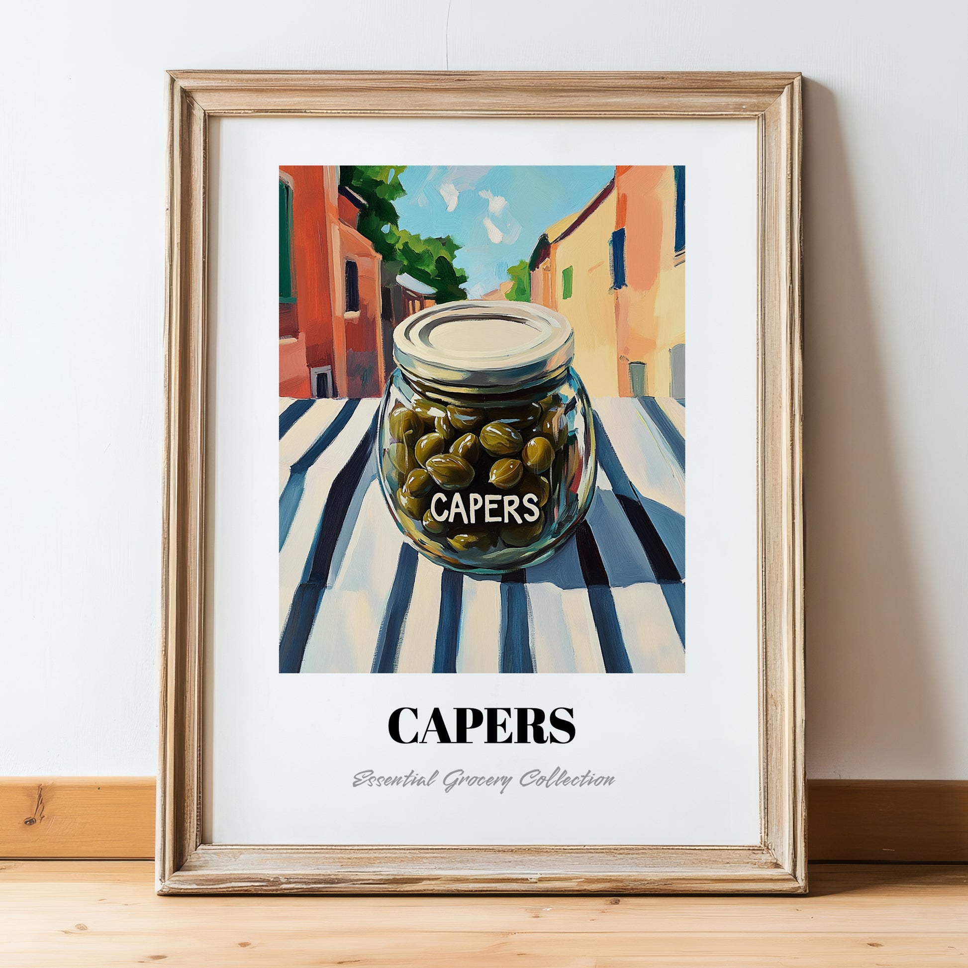 Capers – Italian Urban Café Scene, Canned Vegetables Painting, in wooden frame leaning on the floor