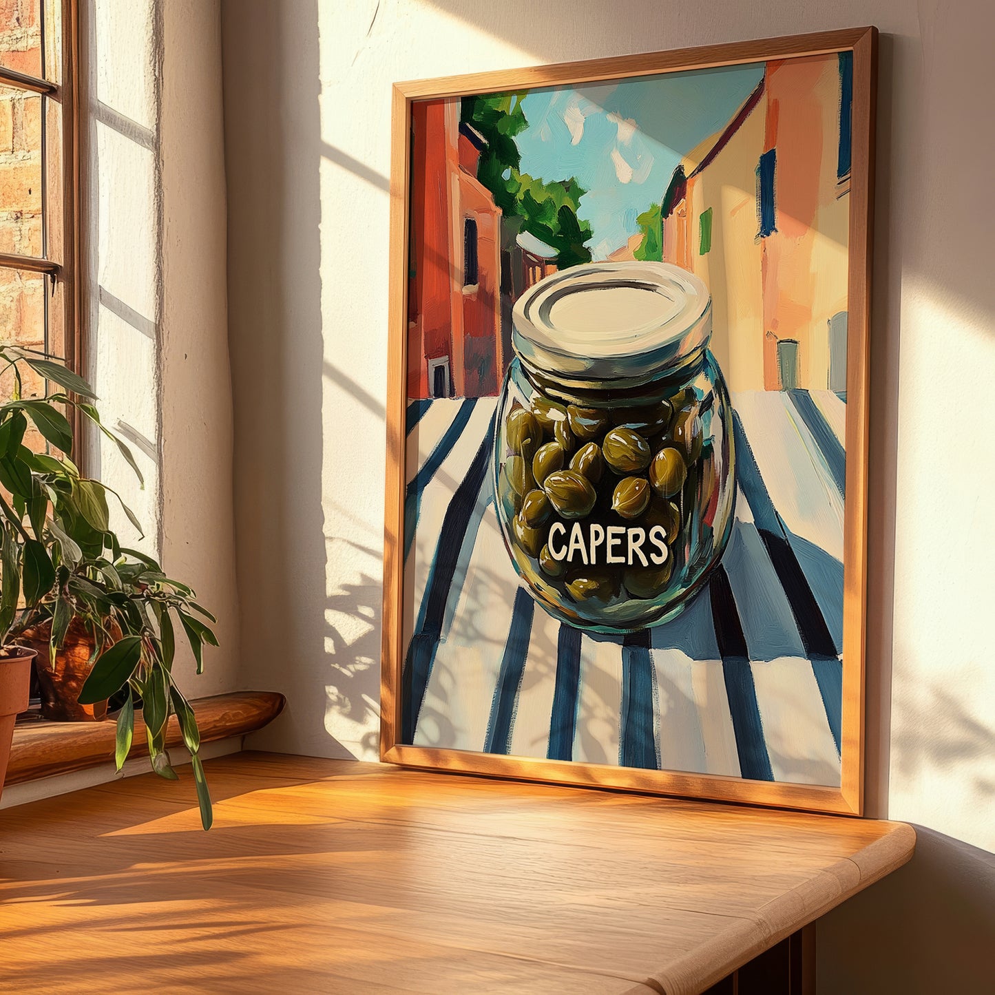 Capers – Italian Urban Café Scene, Canned Vegetables Painting, clean layout with no caption
