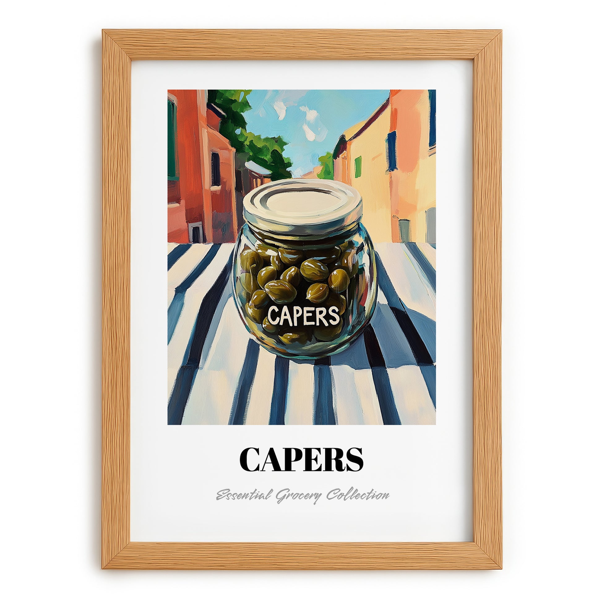 Capers – Italian Urban Café Scene, Canned Vegetables Painting, set in oak frame