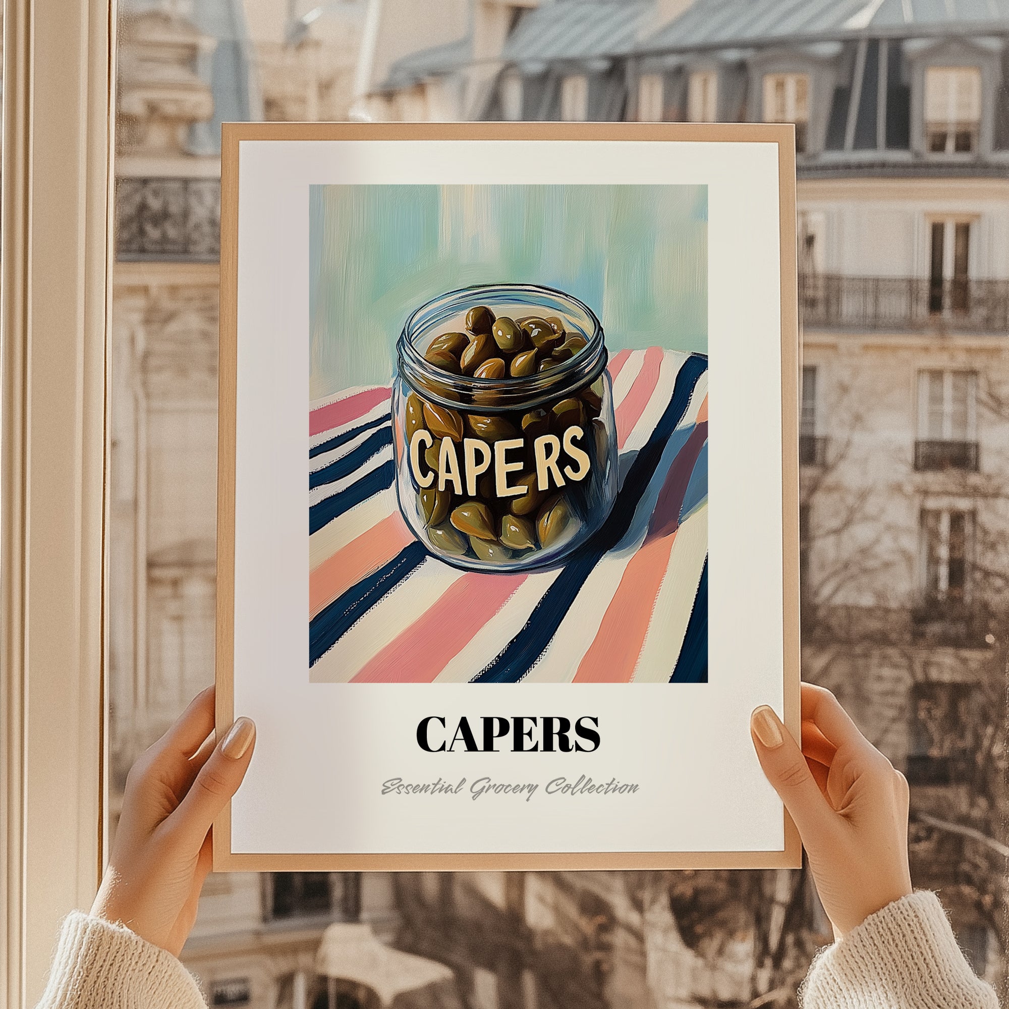 Capers – on Striped Tablecloth, Canned Vegetables Painting, styled in a charming Paris street view