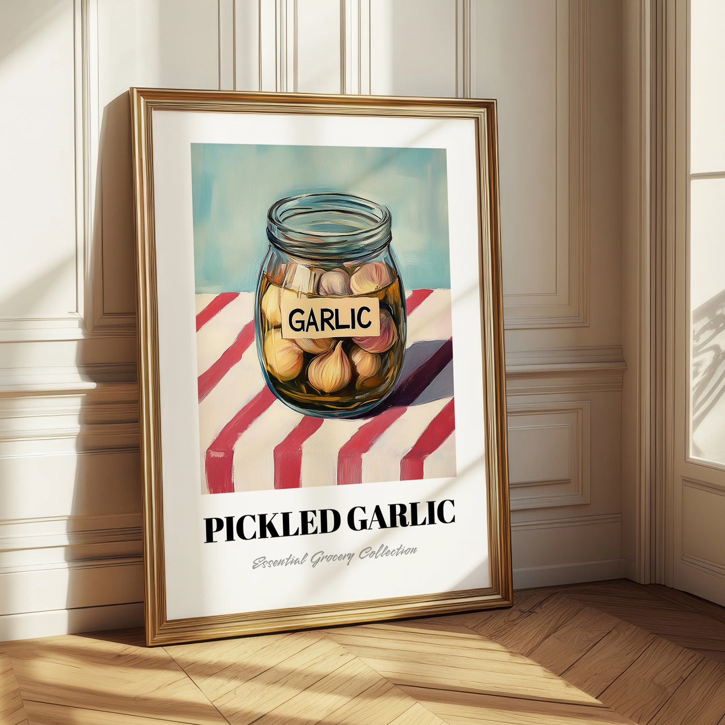 Pickled Garlic – on Striped Tablecloth, Canned Vegetables Still Life