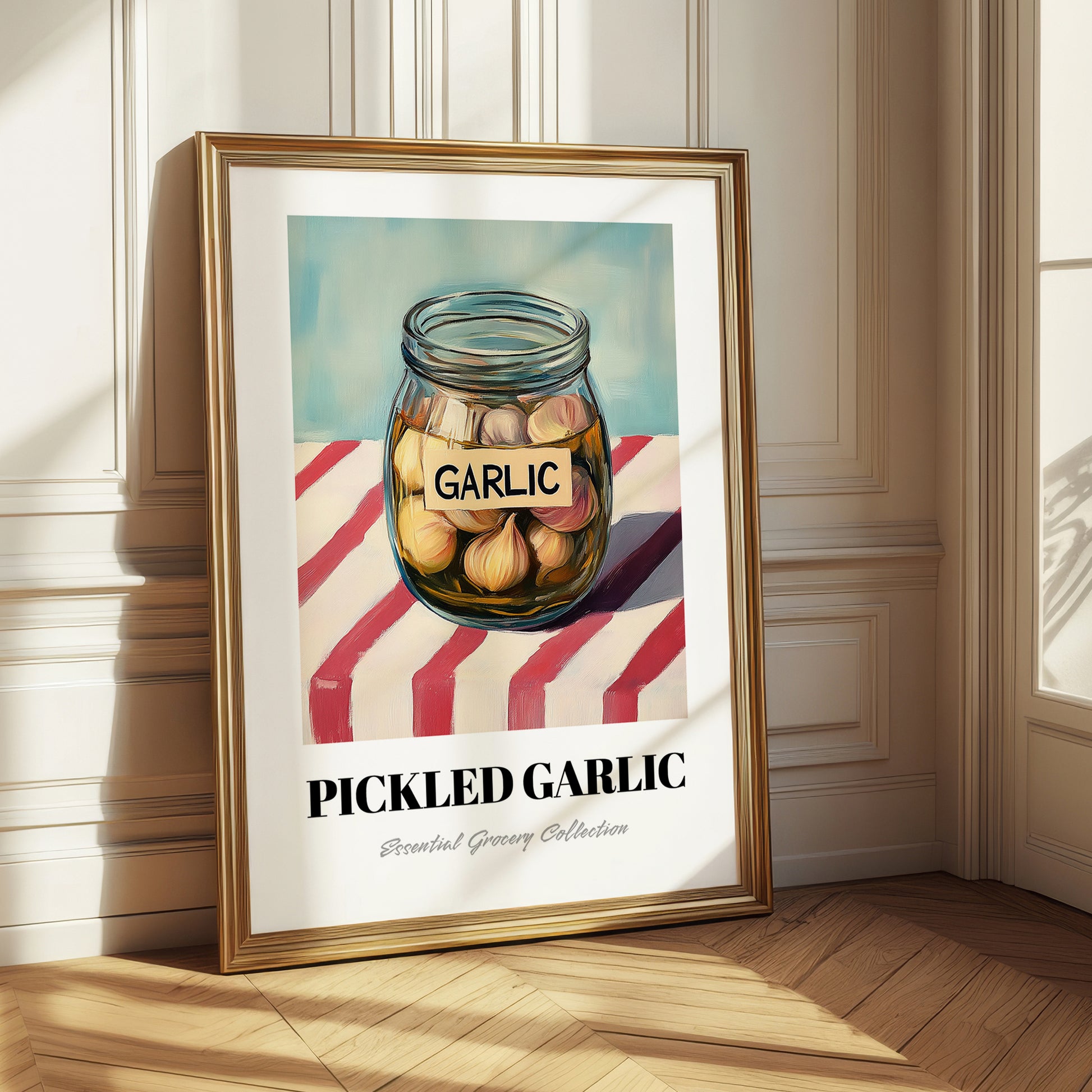Pickled Garlic – on Striped Tablecloth, Canned Vegetables Still Life