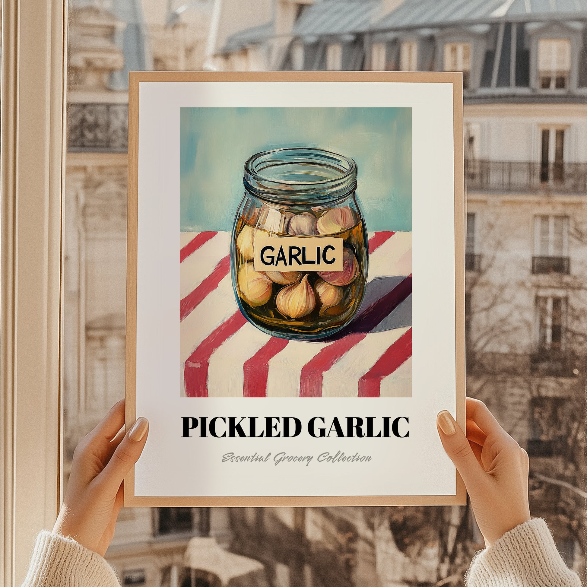 Pickled Garlic – on Striped Tablecloth, Canned Vegetables Still Life, styled in a charming Paris street view