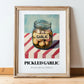 Pickled Garlic – on Striped Tablecloth, Canned Vegetables Still Life, in wooden frame leaning on the floor