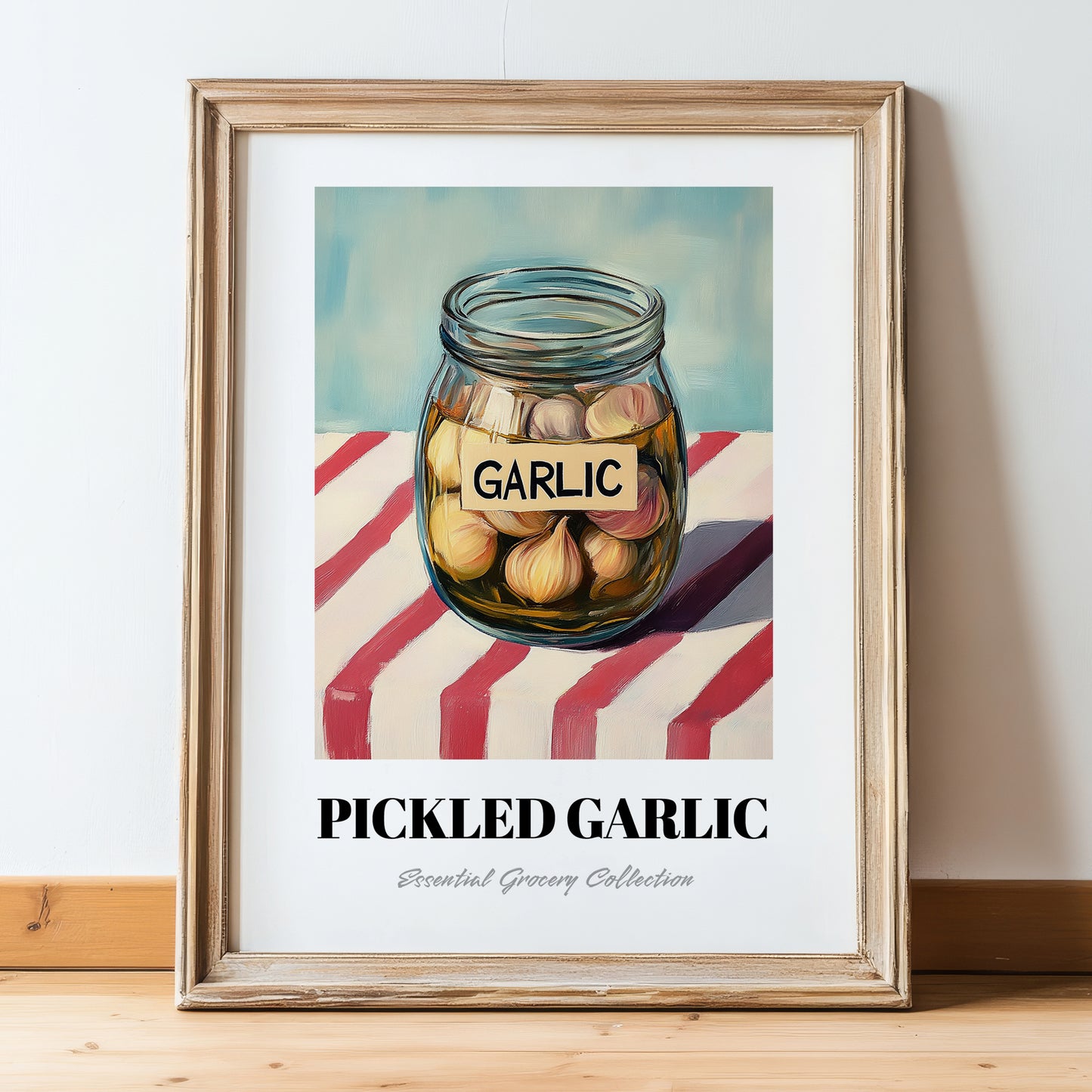Pickled Garlic – on Striped Tablecloth, Canned Vegetables Still Life, in wooden frame leaning on the floor