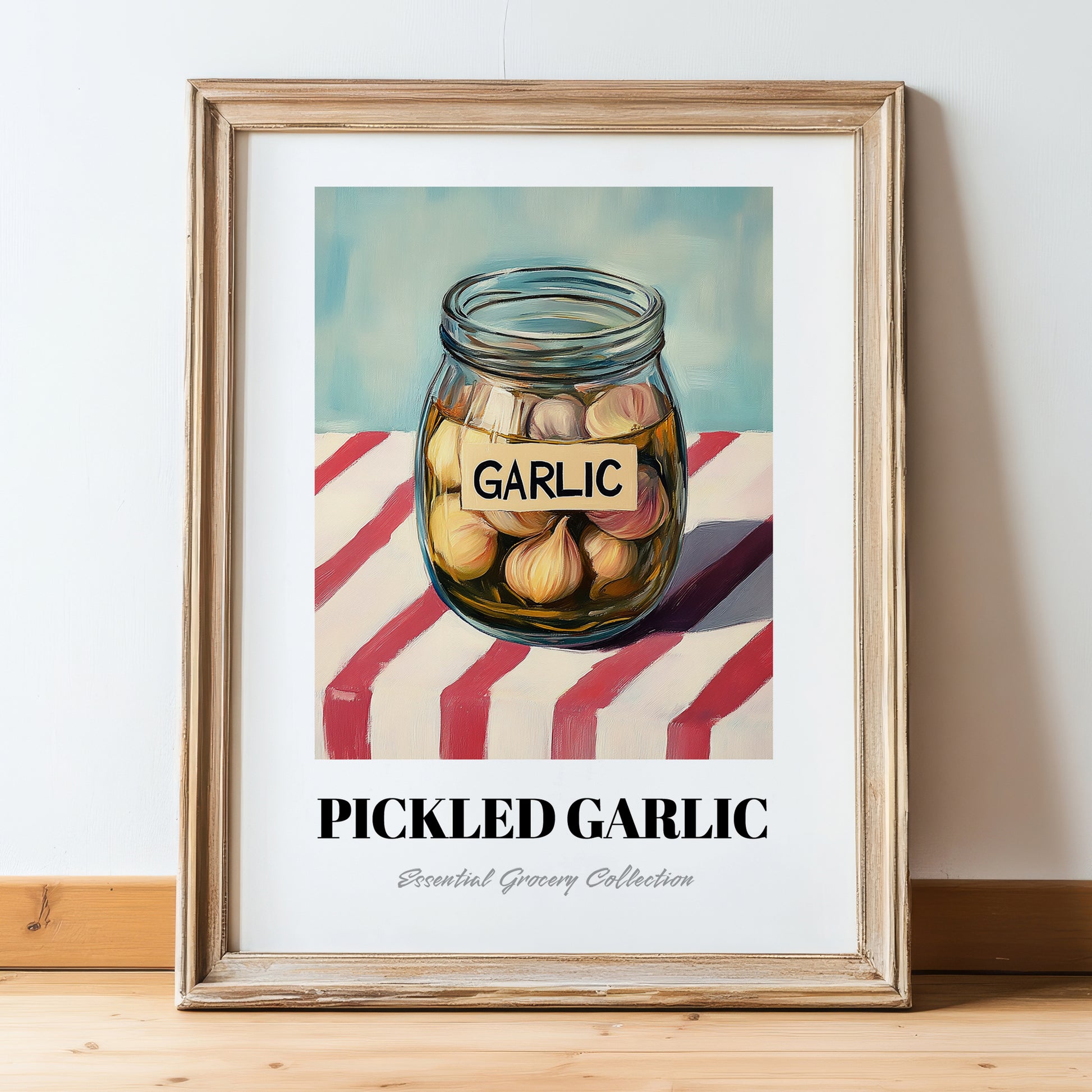 Pickled Garlic – on Striped Tablecloth, Canned Vegetables Still Life, in wooden frame leaning on the floor
