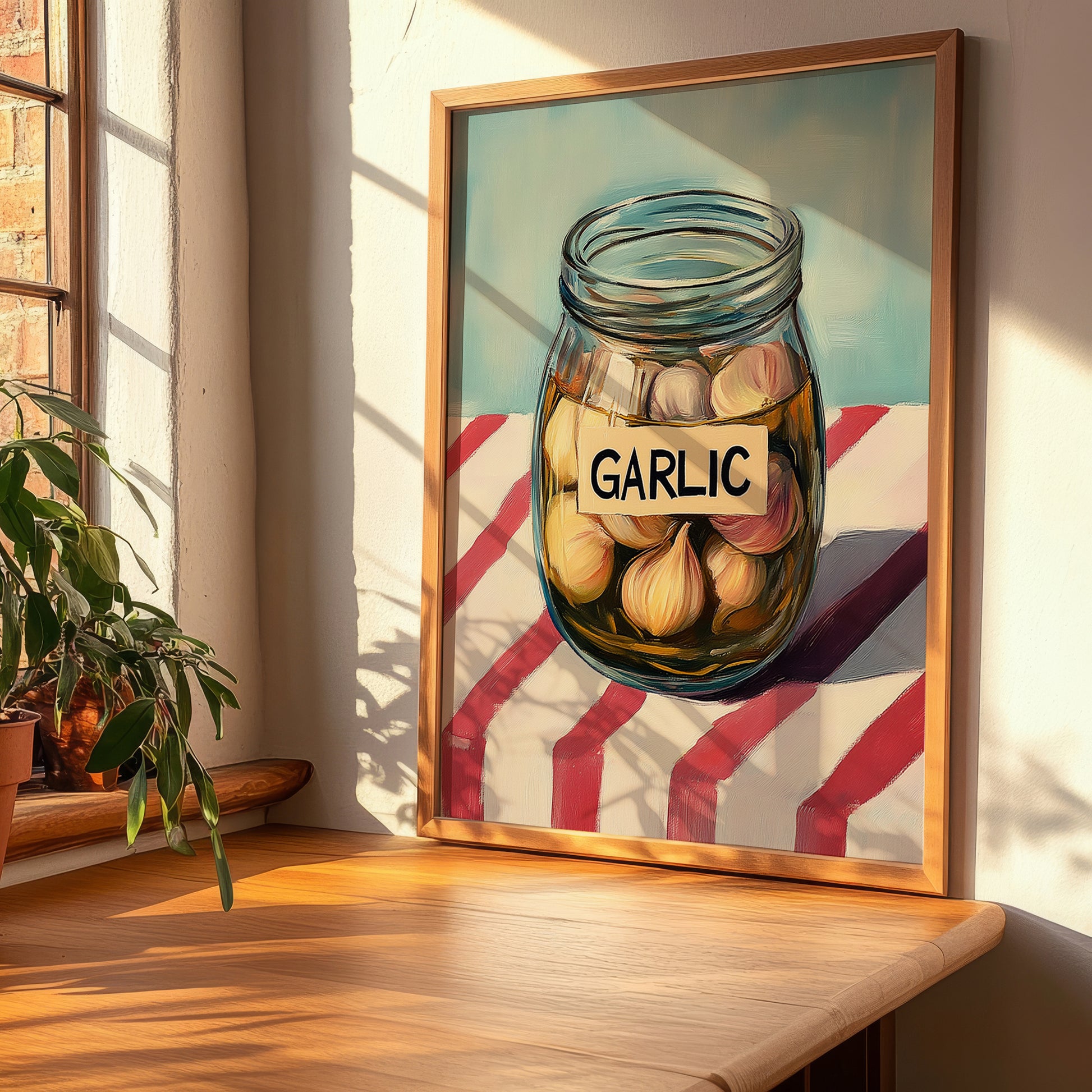Pickled Garlic – on Striped Tablecloth, Canned Vegetables Still Life, clean layout with no caption