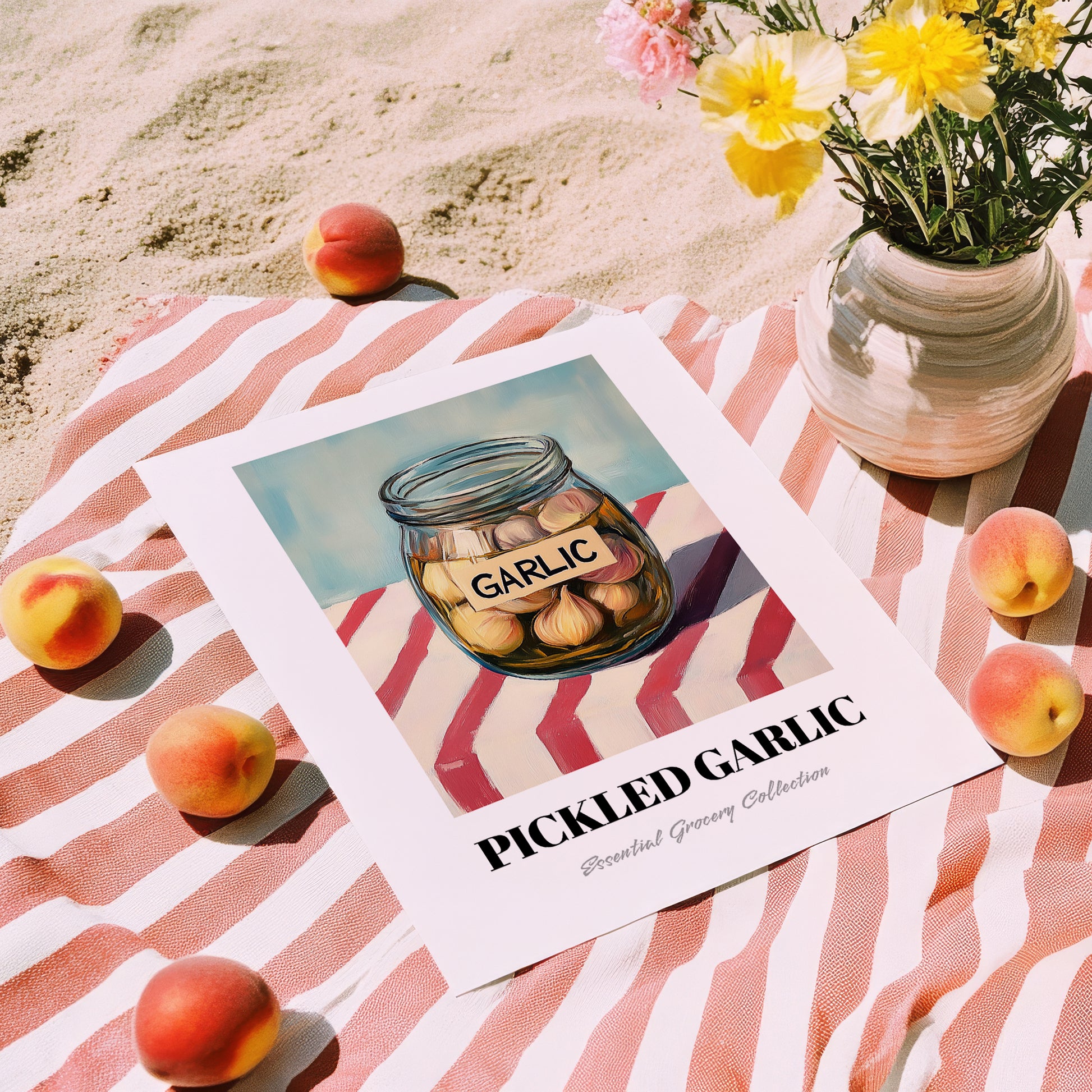Pickled Garlic – on Striped Tablecloth, Canned Vegetables Still Life, unframed on coastal sand