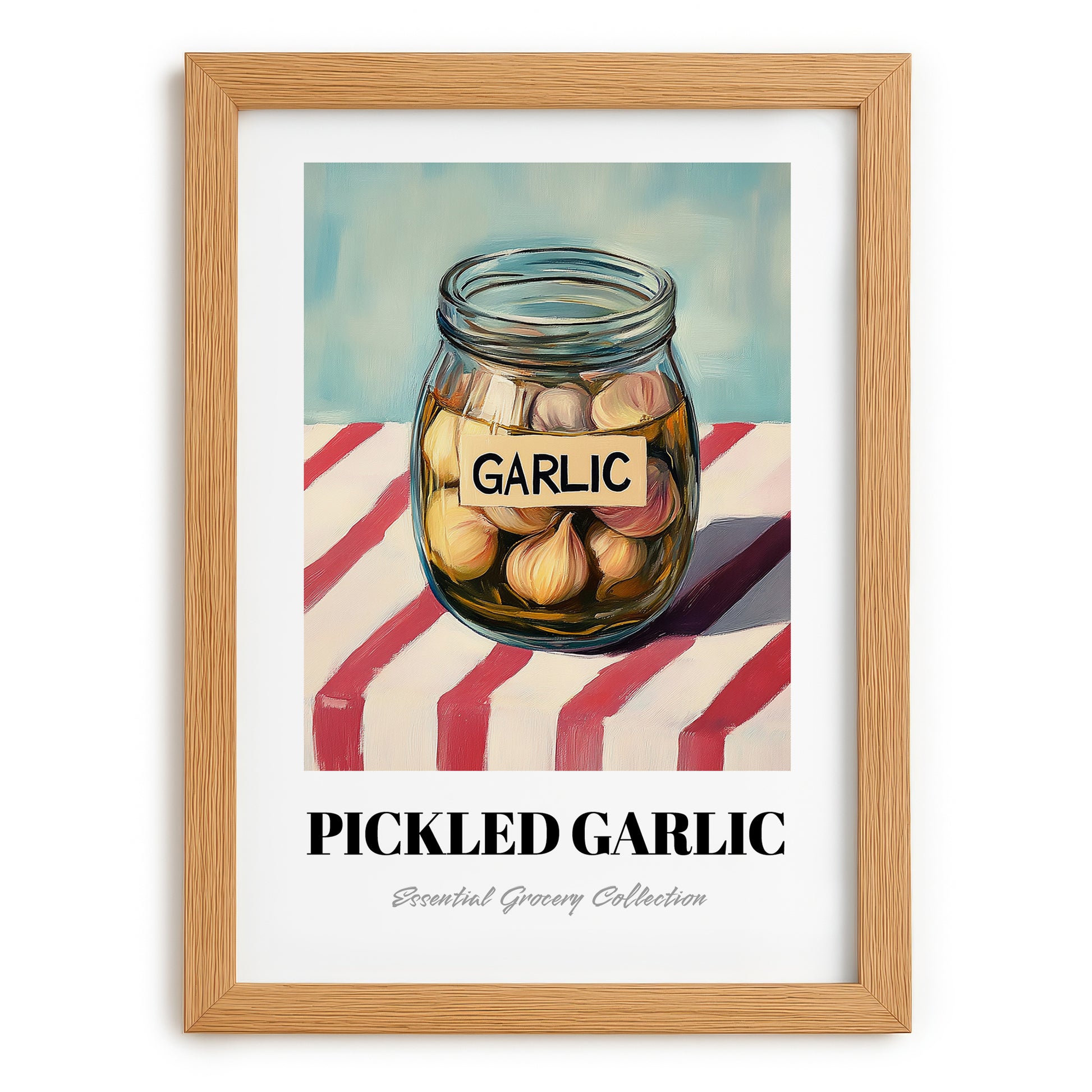 Pickled Garlic – on Striped Tablecloth, Canned Vegetables Still Life, set in oak frame