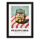 Pickled Garlic – on Striped Tablecloth, Canned Vegetables Still Life, in sleek black frame