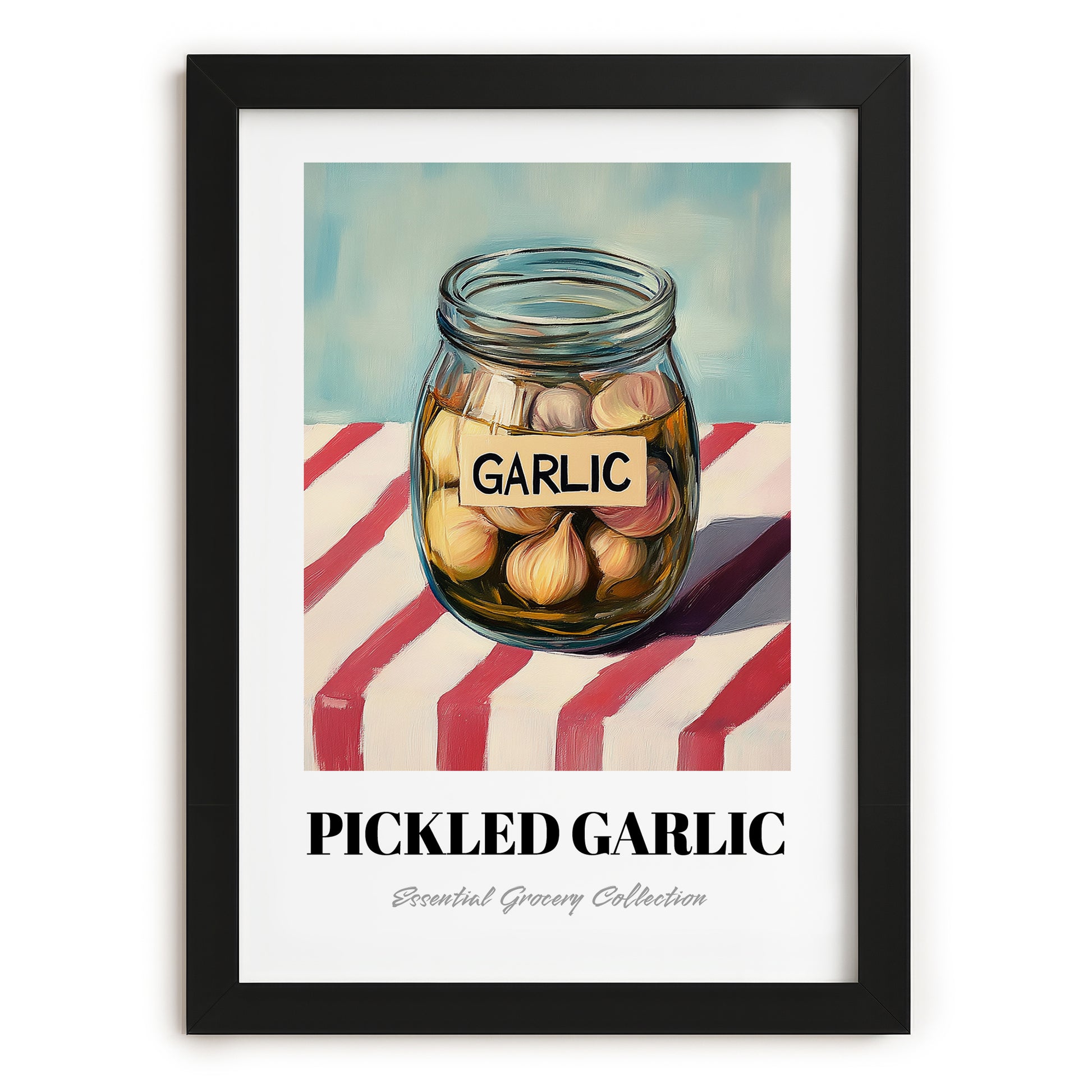 Pickled Garlic – on Striped Tablecloth, Canned Vegetables Still Life, in sleek black frame