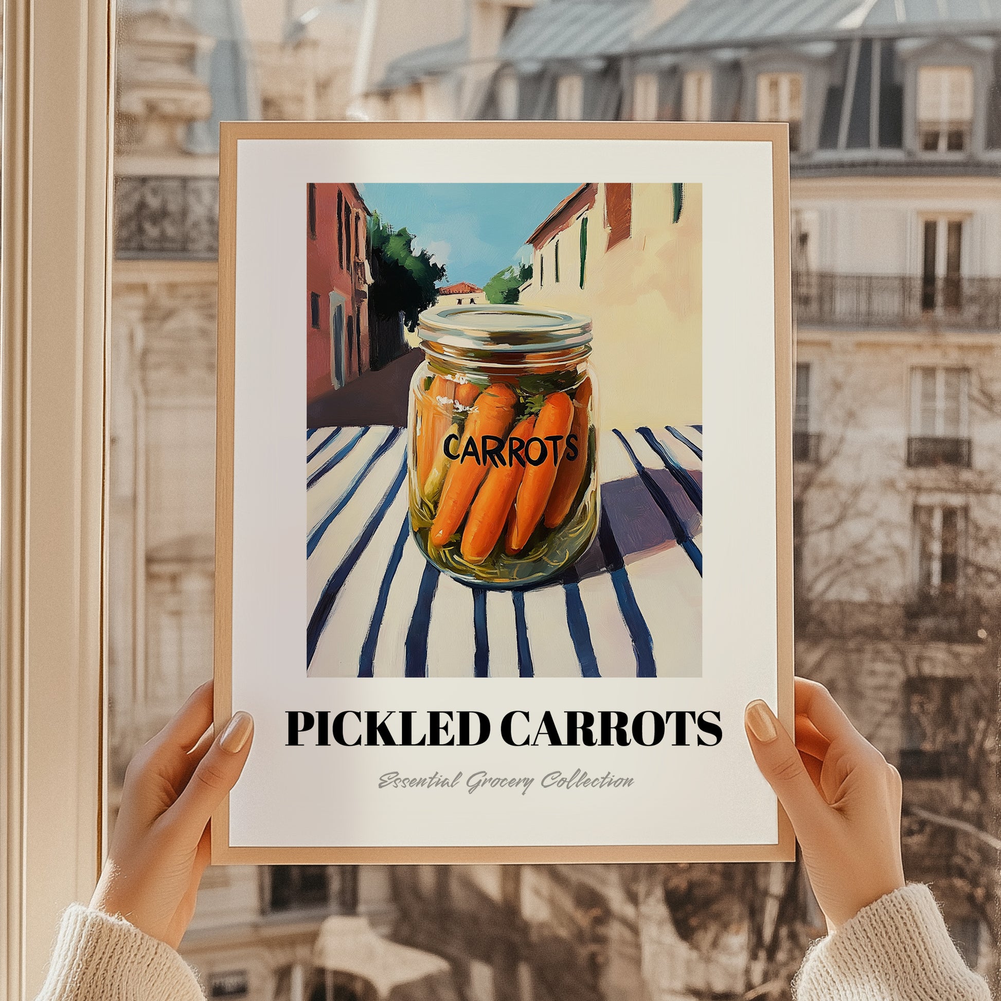 Pickled Carrots – Italian Urban Café Scene, Canned Vegetables Still Life, styled in a charming Paris street view