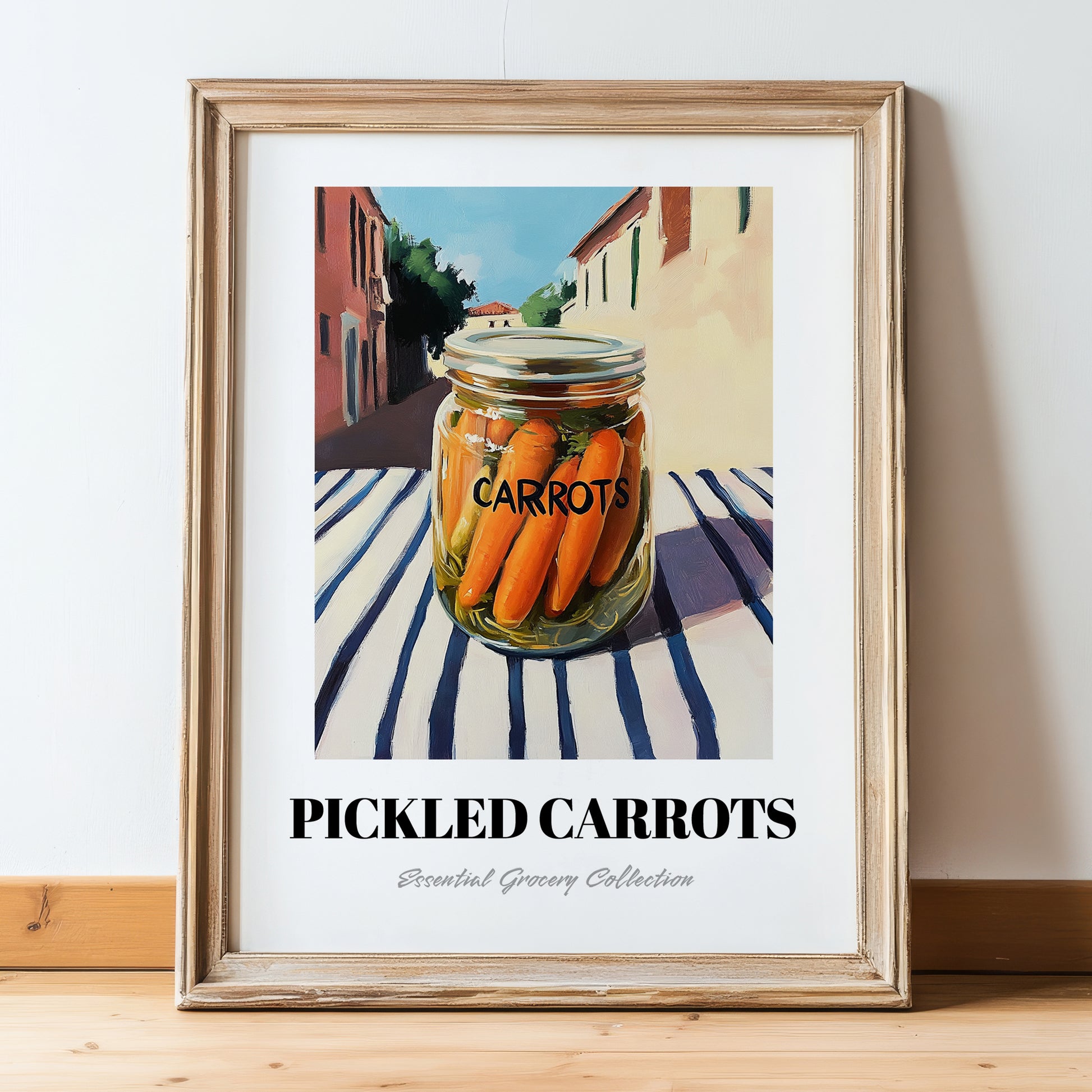Pickled Carrots – Italian Urban Café Scene, Canned Vegetables Still Life, in wooden frame leaning on the floor