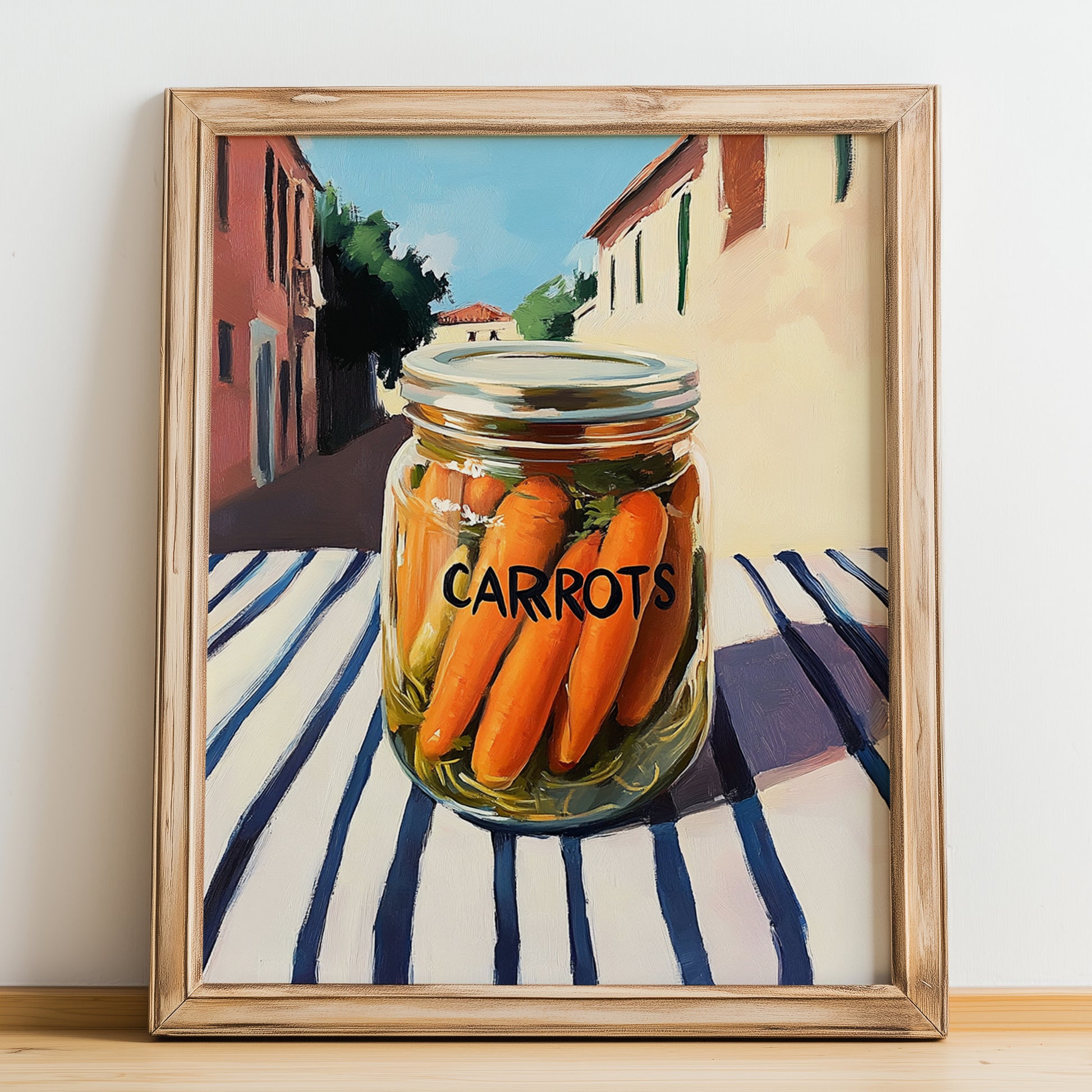 Pickled Carrots – Italian Urban Café Scene, Canned Vegetables Still Life, no-text version framed in wood