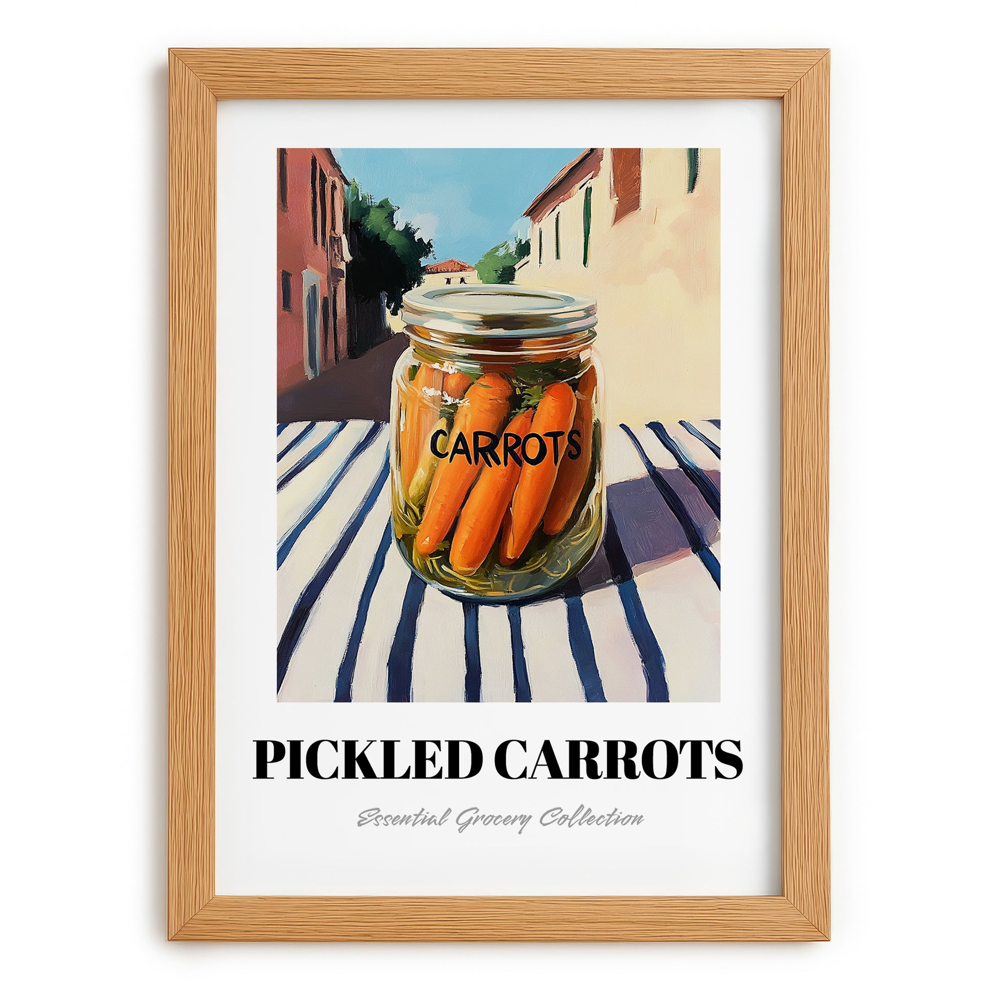 Pickled Carrots – Italian Urban Café Scene, Canned Vegetables Still Life, set in oak frame