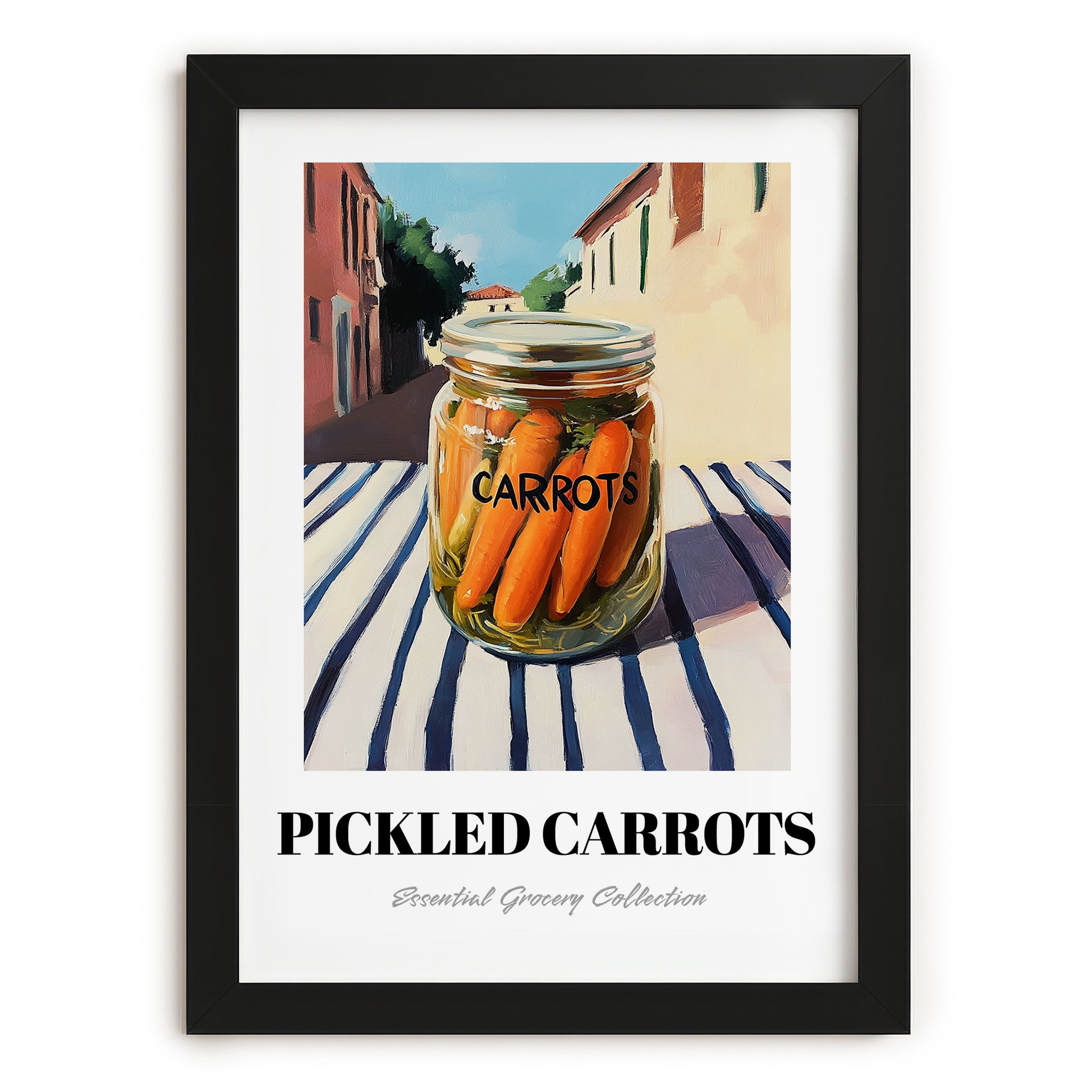 Pickled Carrots – Italian Urban Café Scene, Canned Vegetables Still Life, in sleek black frame