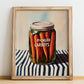 Pickled Carrots – on Striped Tablecloth, Canned Vegetables Wall Decor, no-text version framed in wood