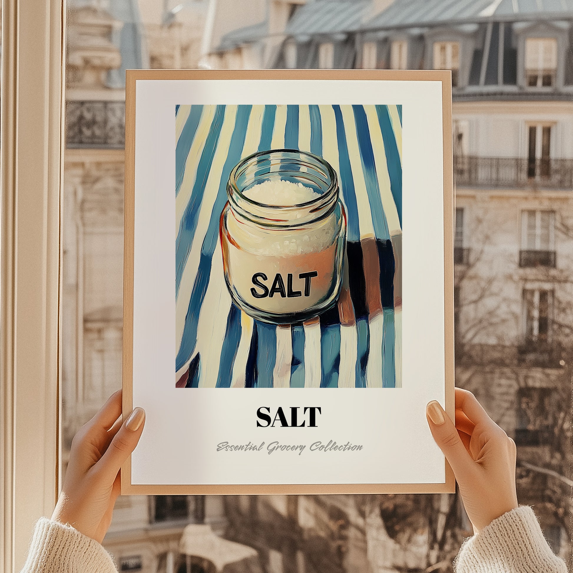 Salt – on Striped Tablecloth, Spices Art, styled in a charming Paris street view