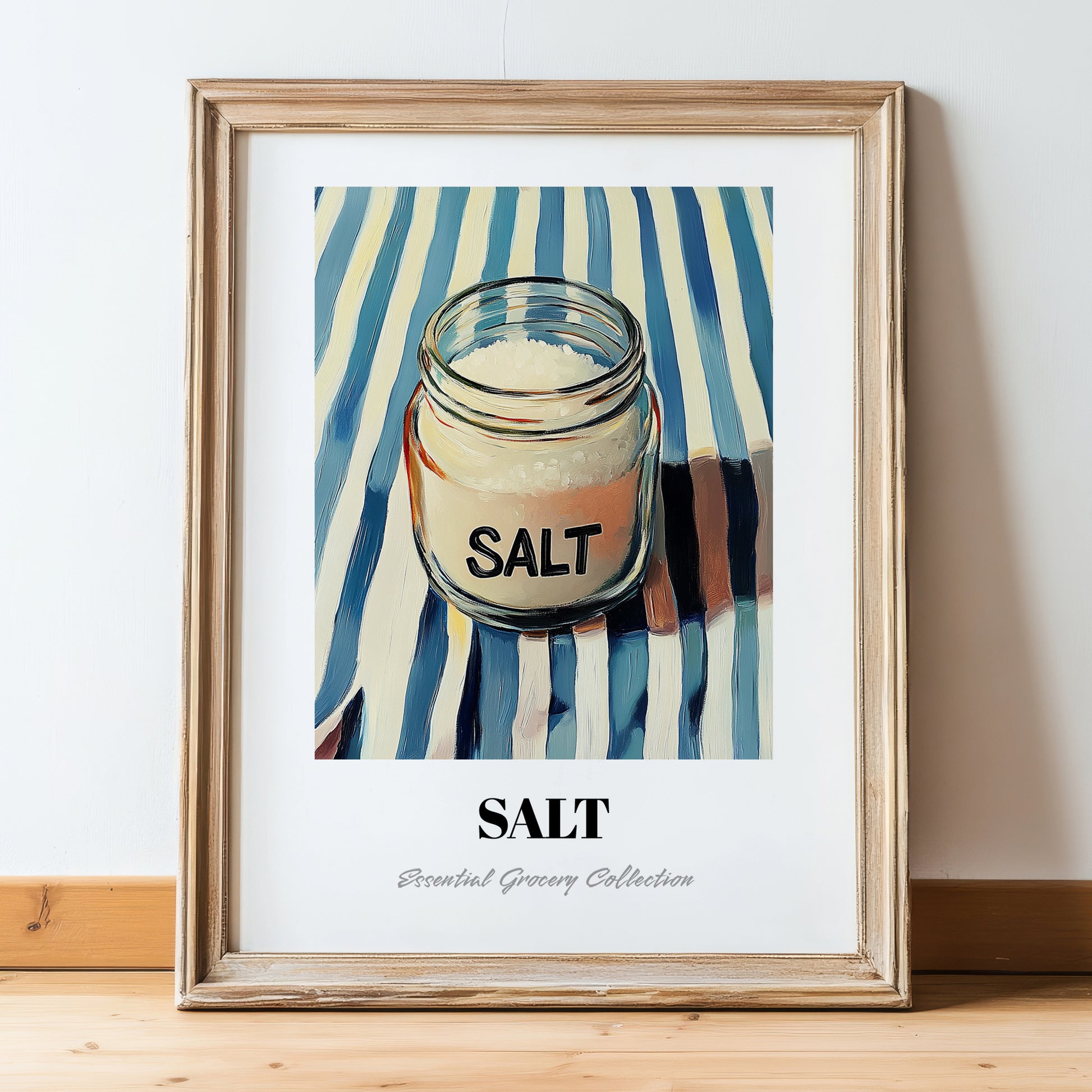 Salt – on Striped Tablecloth, Spices Art, in wooden frame leaning on the floor