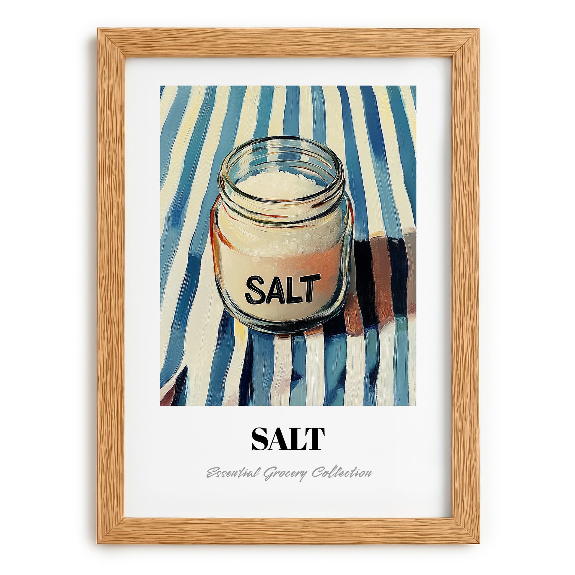 Salt – on Striped Tablecloth, Spices Art, set in oak frame