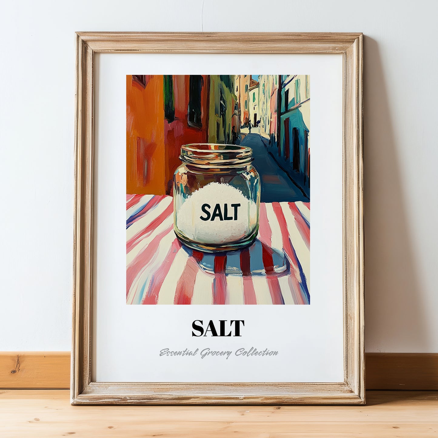 Salt – Italian Outdoor Café Scene, Spices Still Life, in wooden frame leaning on the floor