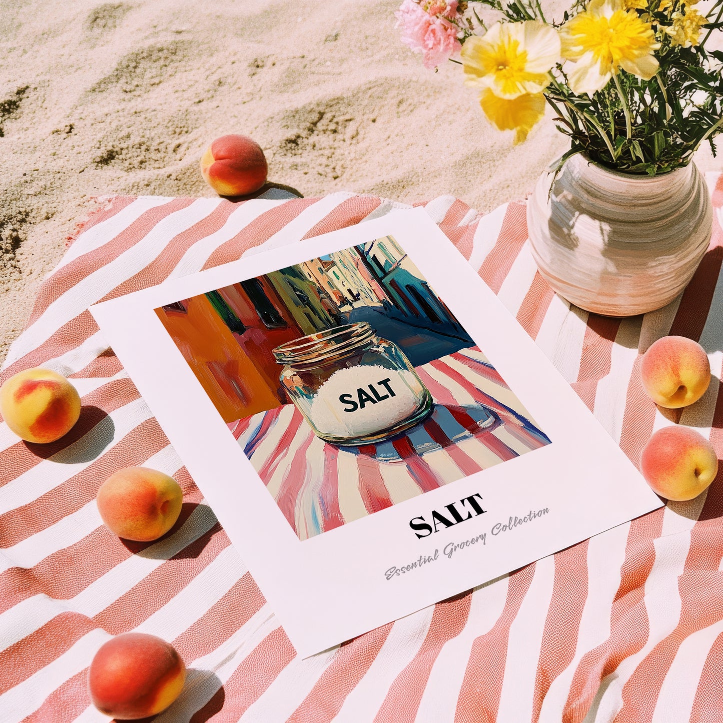 Salt – Italian Outdoor Café Scene, Spices Still Life, unframed on coastal sand